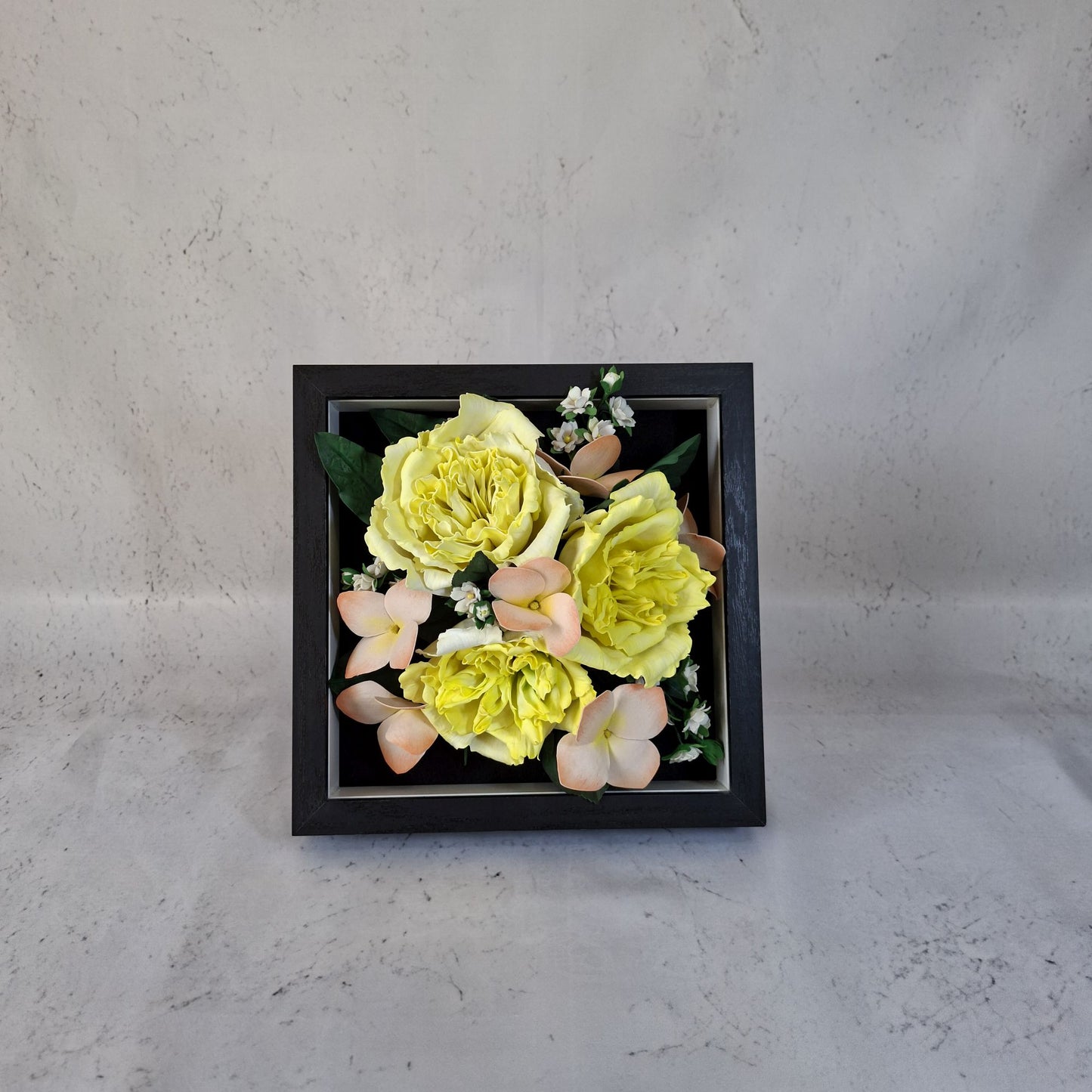 Handmade yellow Austin Foamiran flower table frame botanical decor