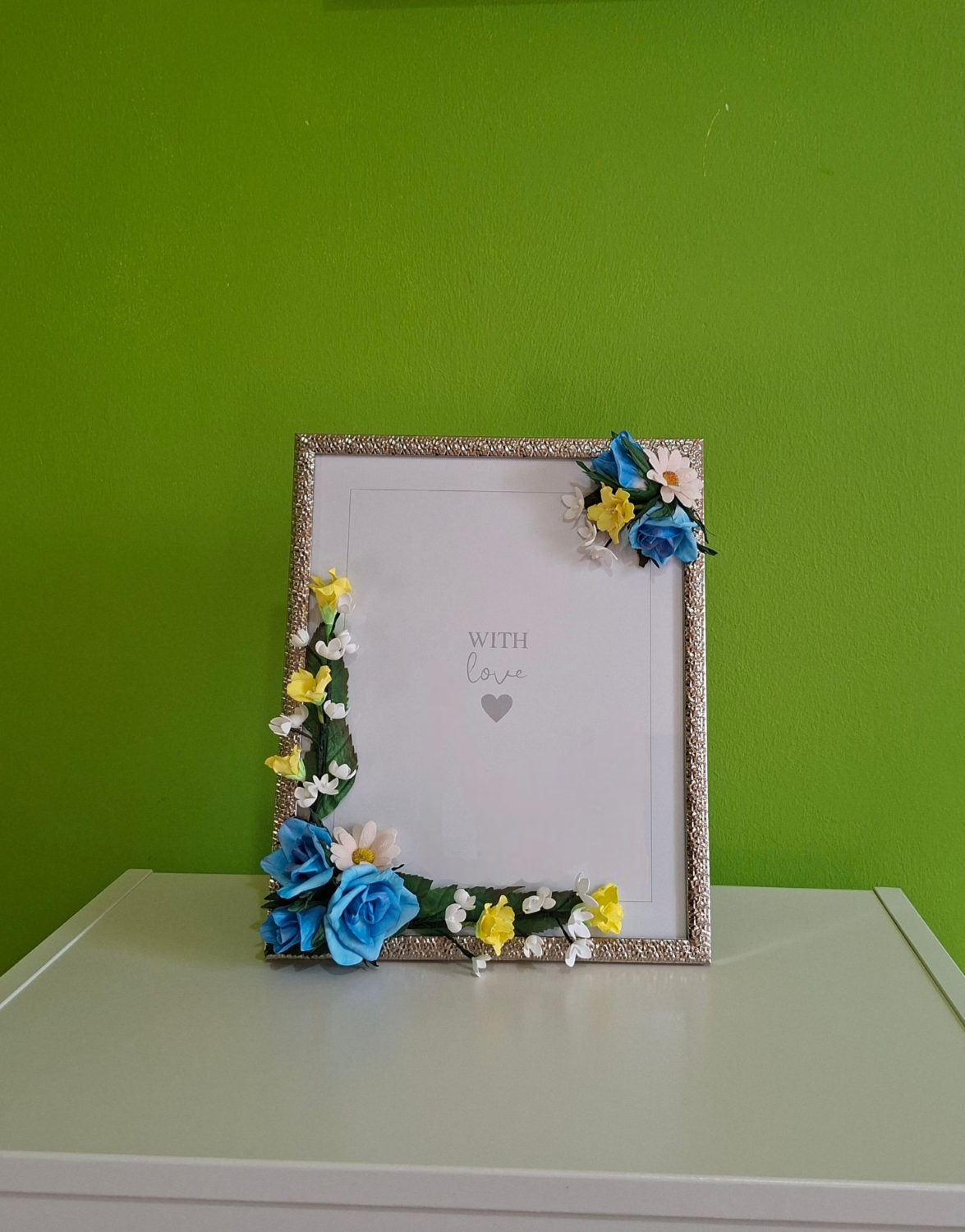 Handmade floral picture frame with blue and yellow flowers for home decoration, gift and memory photos