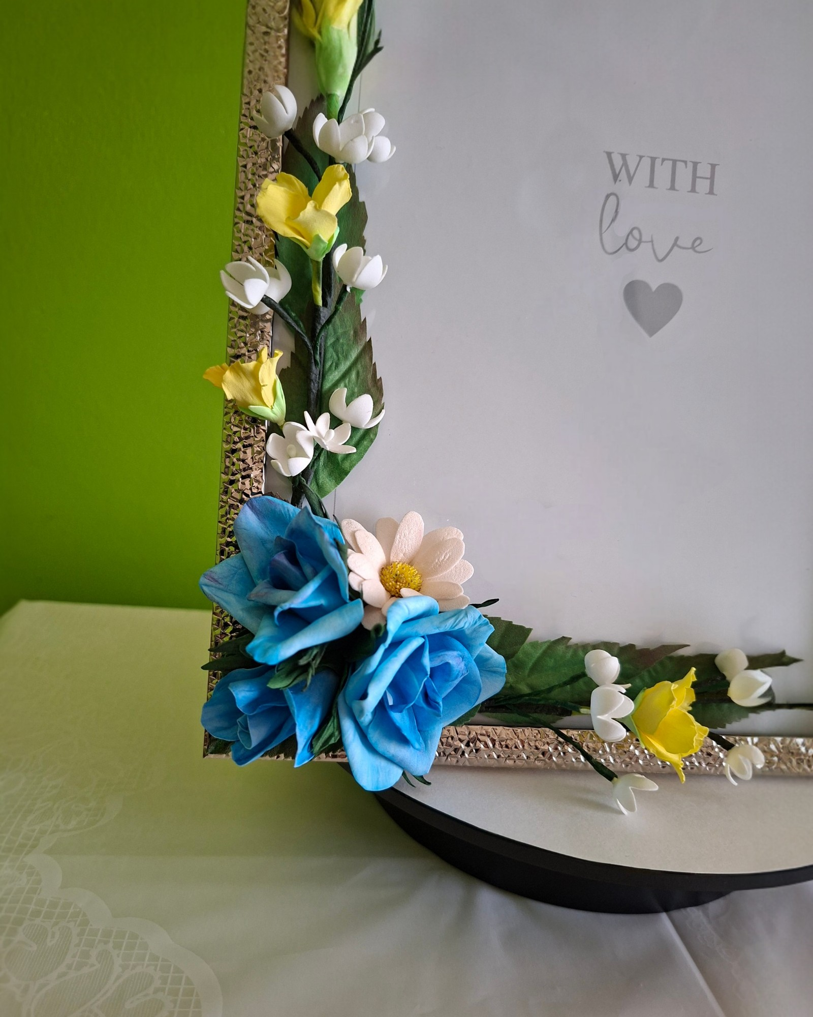Handmade floral picture frame with blue and yellow flowers for home decoration, gift and memory photos