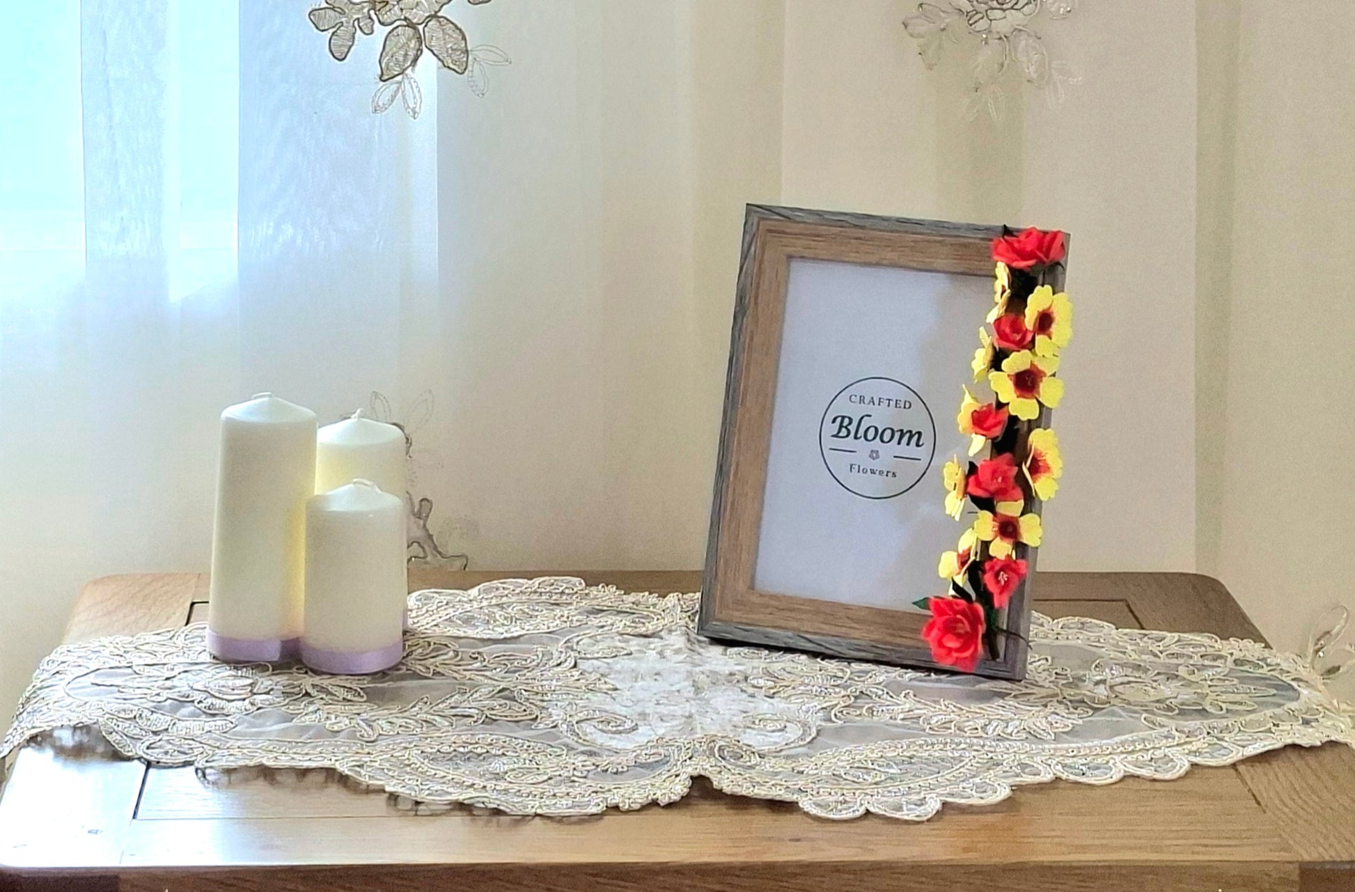 Handmade yellow coreopsis foamiran flower photo frame with natural  wood finish decorative tabletop & wall frame by Crafted Bloom Flowers