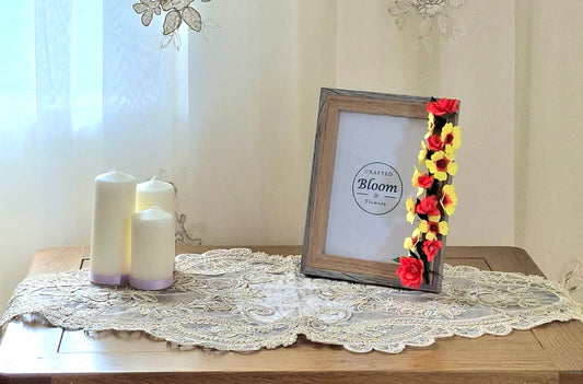 Handmade yellow coreopsis foamiran flower photo frame with natural  wood finish decorative tabletop & wall frame by Crafted Bloom Flowers