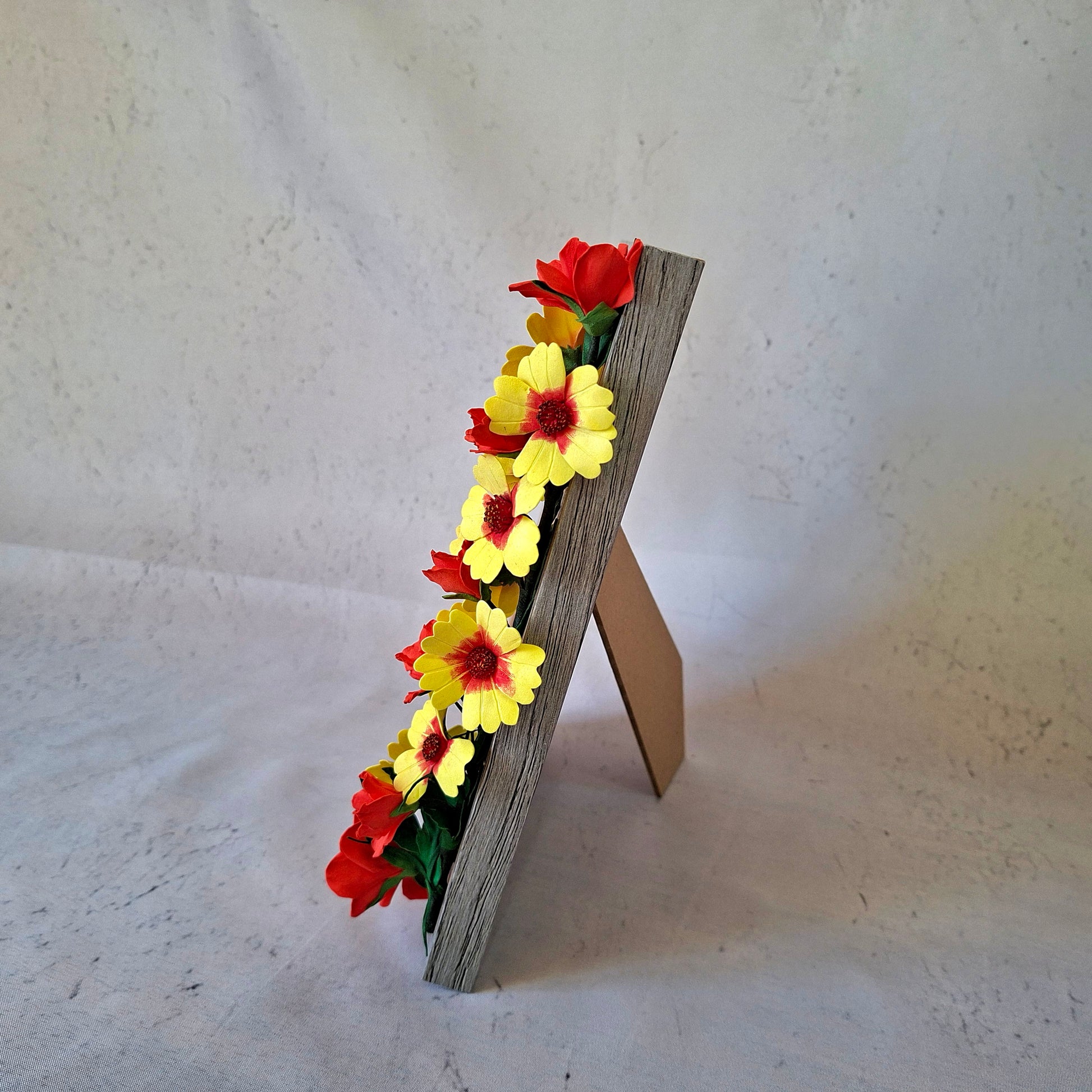Elegant handcrafted flower photo frame featuring red bloom and yellow coreopsis made from foamiran, ideal  gift for birthdays, weddings, and Mother's day