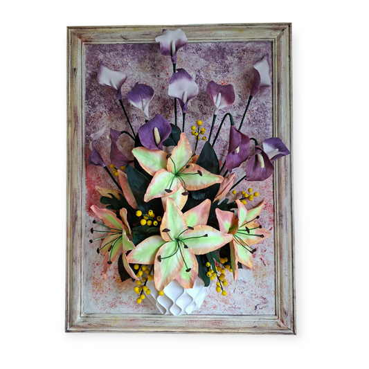 Handmade lilies floral wall frame in vintage style-elegant botanical wall decor