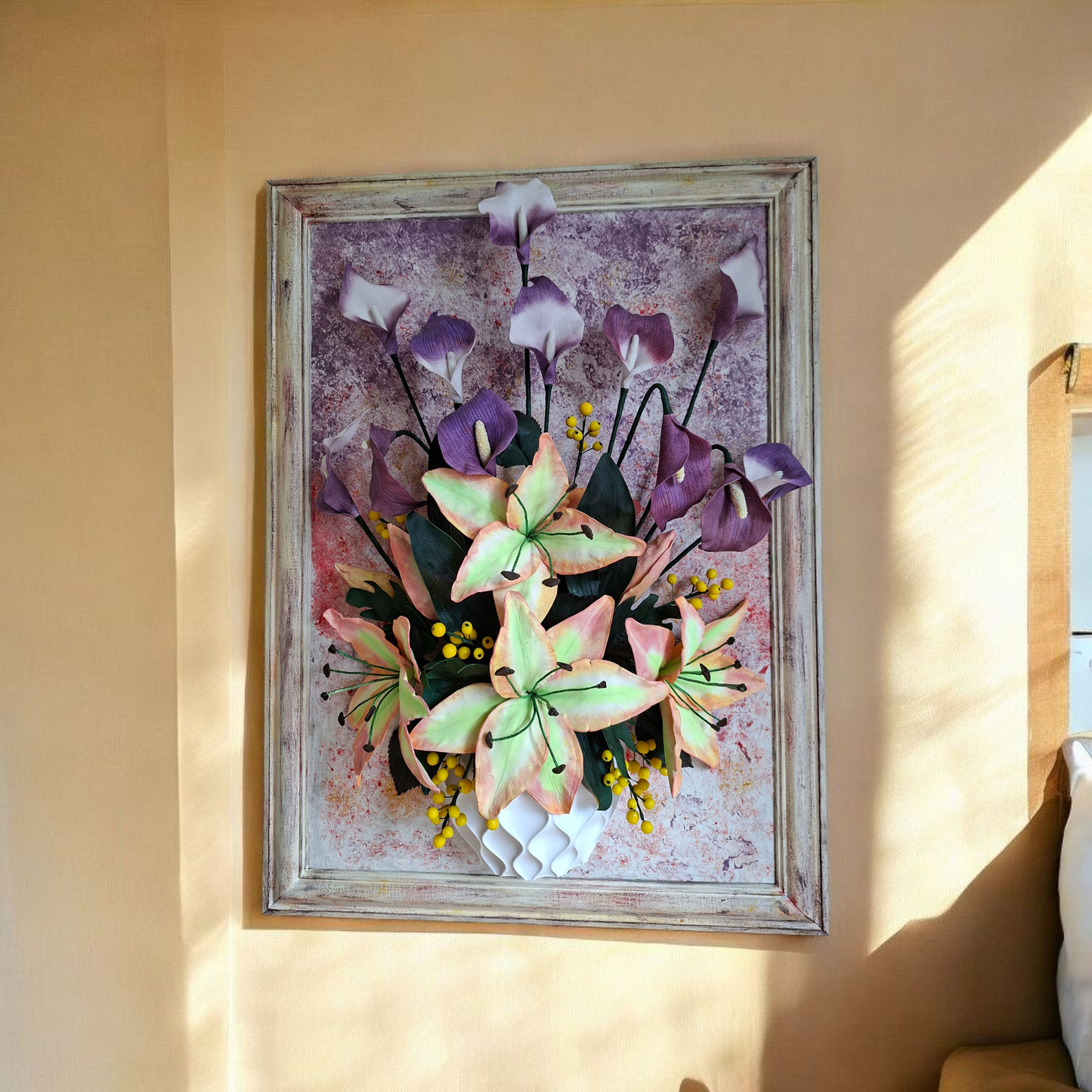 Luxury handmade lily flowers in vintage frame- 3D floral wall art decoration