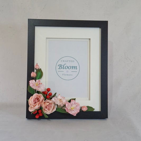 Handmade pink roses photo frame decorated with  handmade foamiran flowers for  meaningful gift idea and for children's photos' birthdays, or special memories