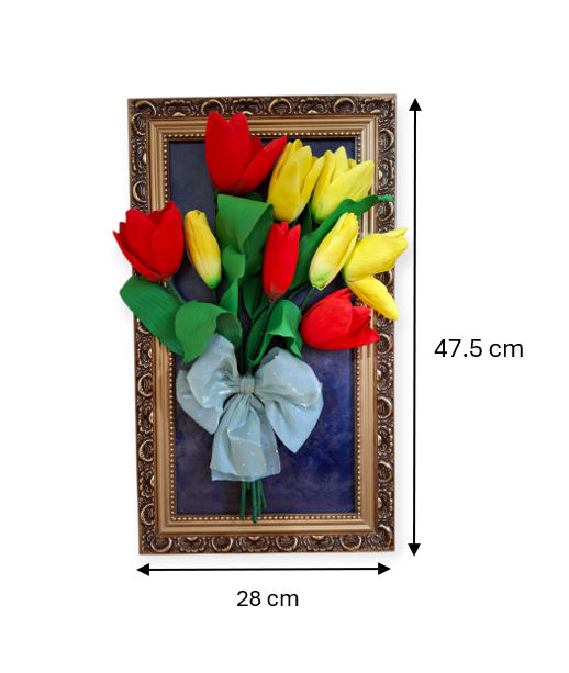 Luxury handmade tulips artwork in vintage golden frame- elegant floral wall decoration