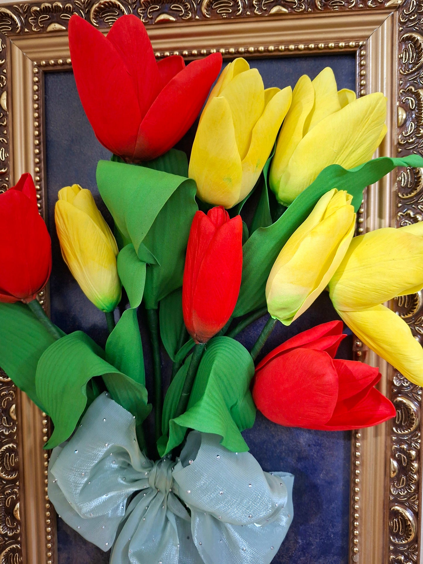 3D tulips flower arrangement in vintage golden frame- handmade wall art