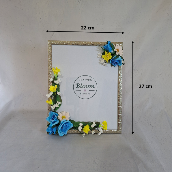 decorative handmade flower picture frame with blue and yellow flowers for children, weddings, birthdays,  housewarming photo display an gifts