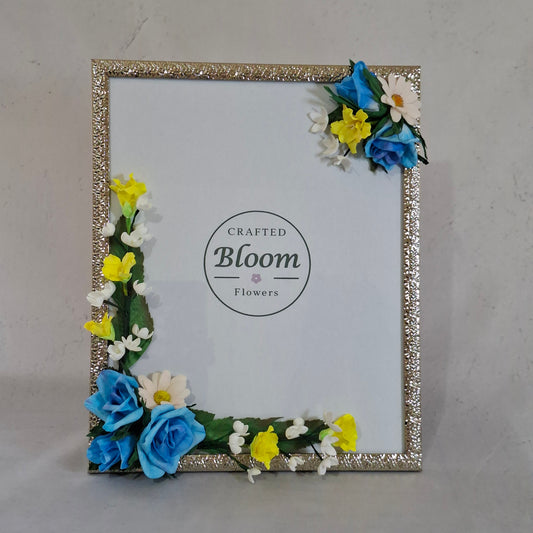 Handmade blue and yellow floral photo frame decorated with handmade foamiran flowers for kids & your photo and home decor 