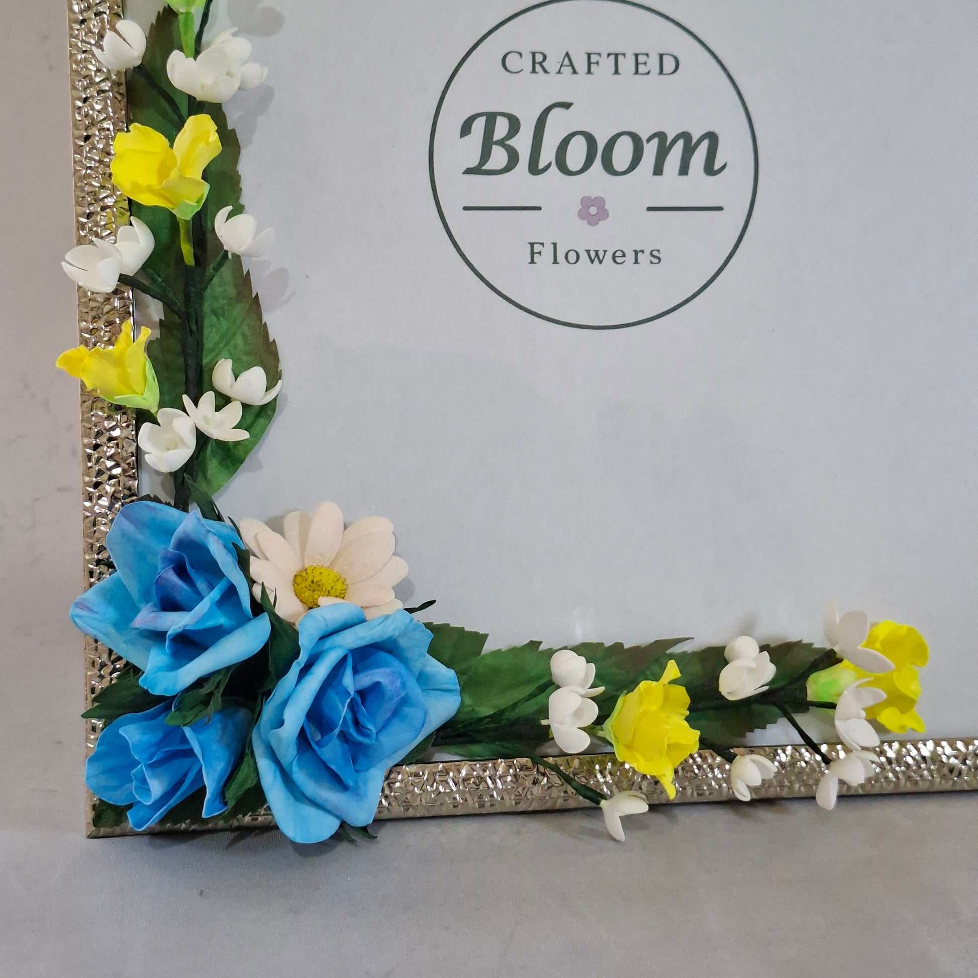 handmade floral picture frame with blue and yellow for home decoration and memory photo