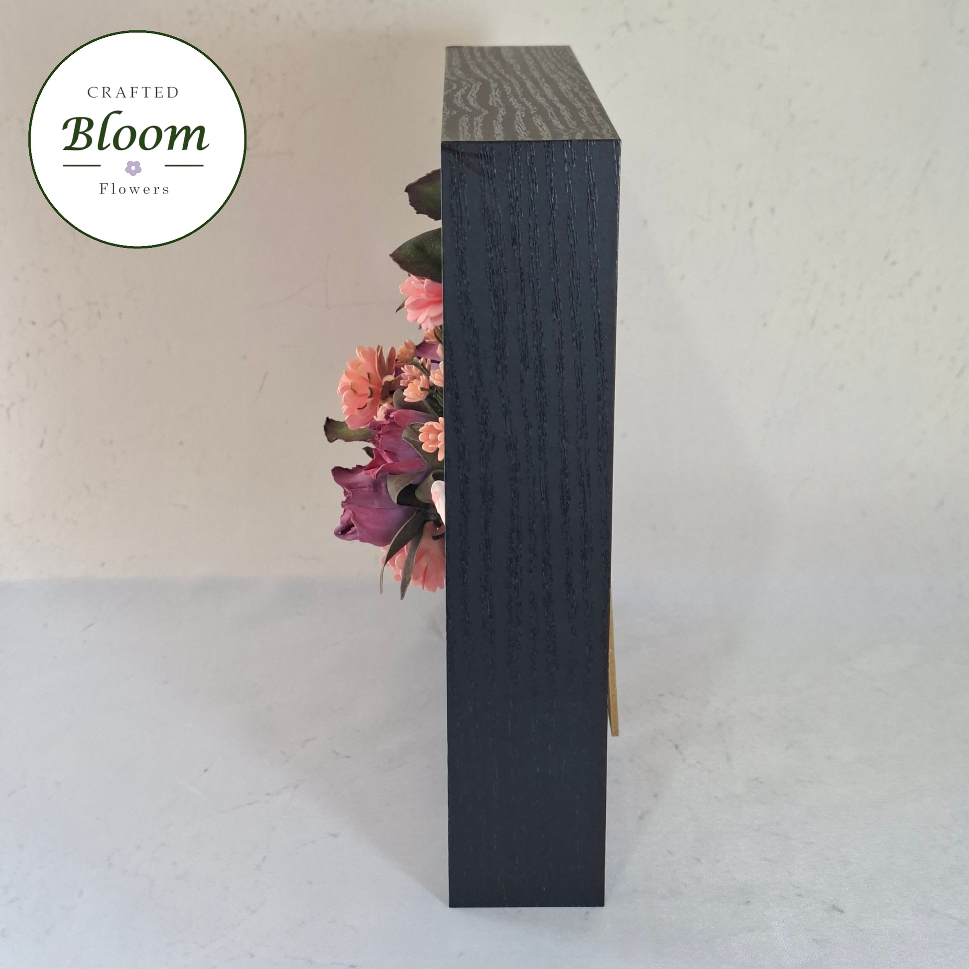 handmade purple rose and daisy pink set in a elegant black shadow box frame perfect for elegant home decor and meaningful gifts
