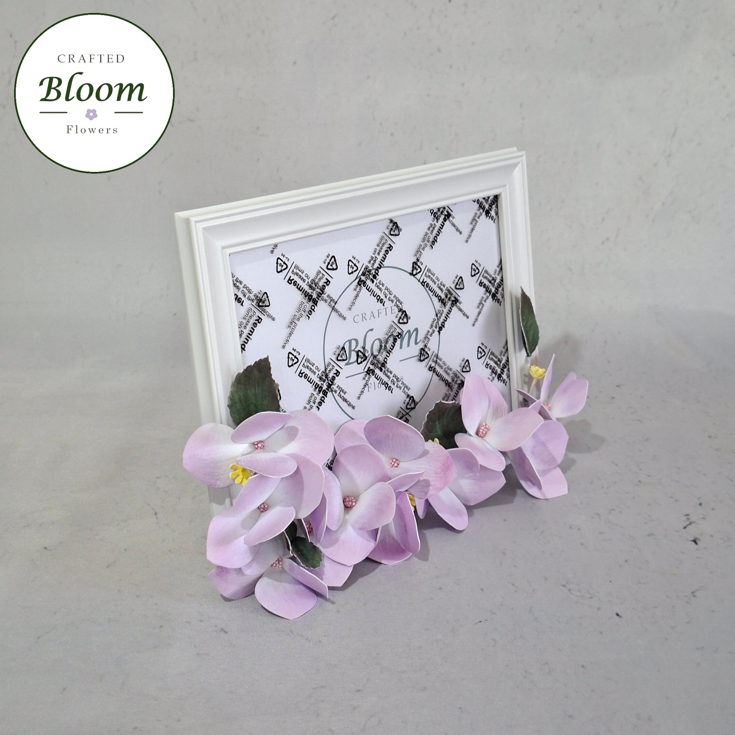 Lavender purple foamiran hydrangea photo frame on white shelf