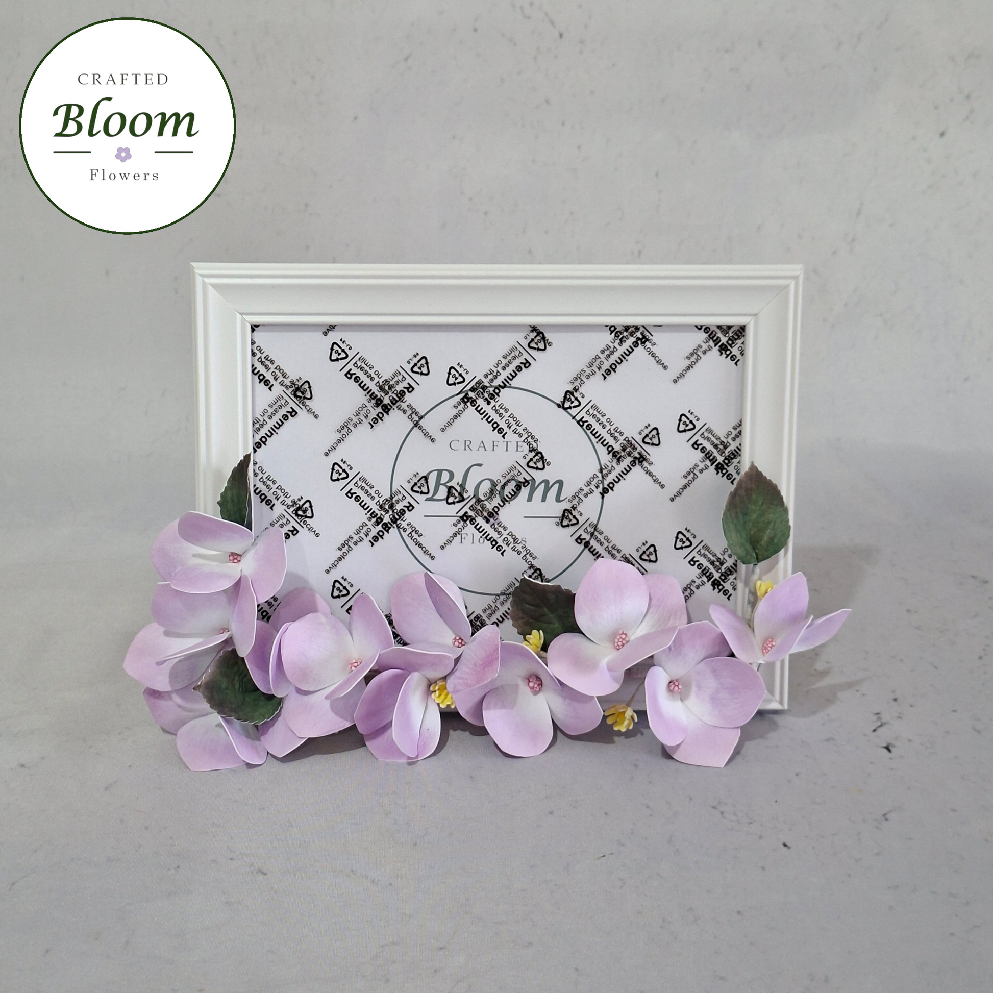 Lavender purple foamiran hydrangea photo frame on white shelf