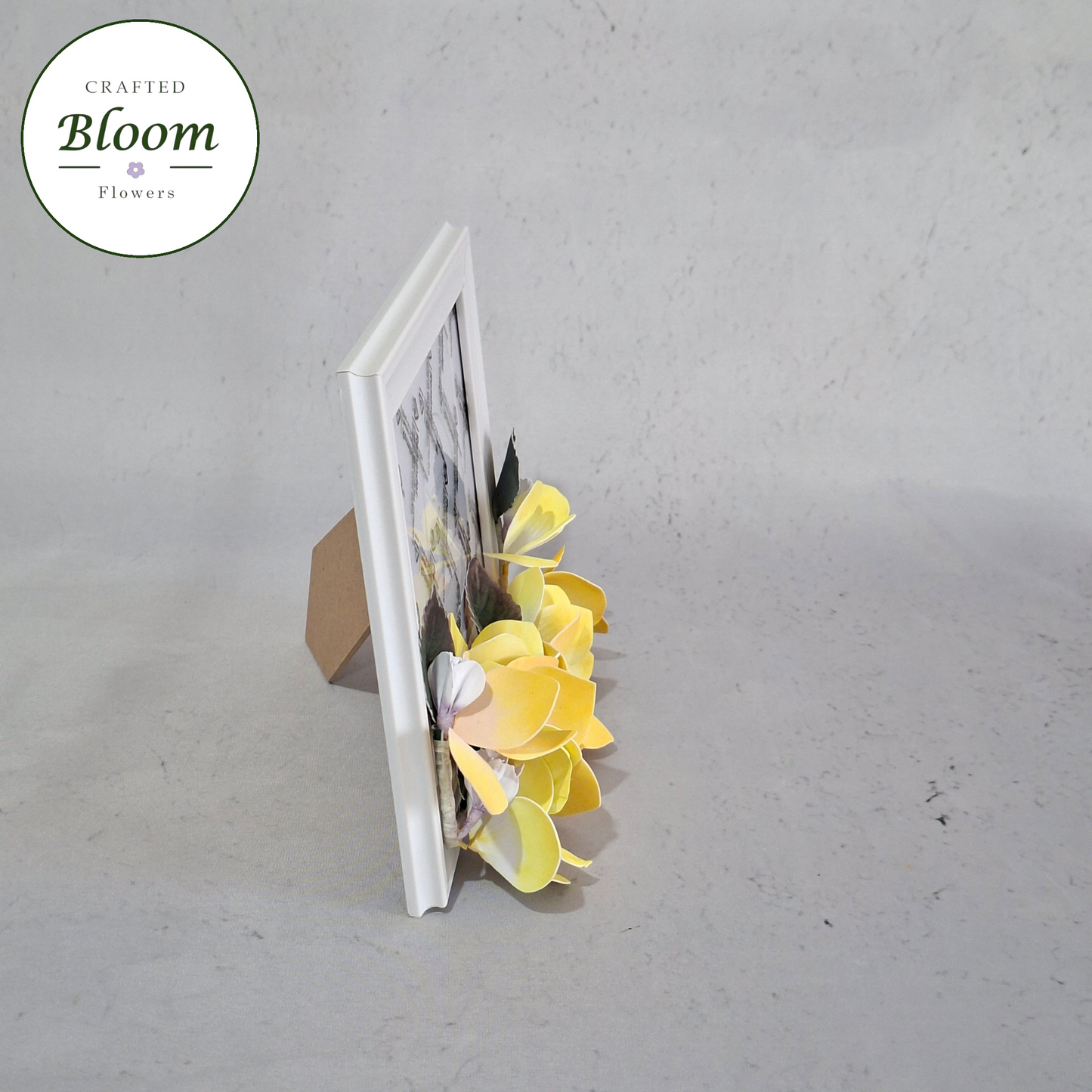 White photo frame with yellow hydrangea floral border, handmade in Ireland