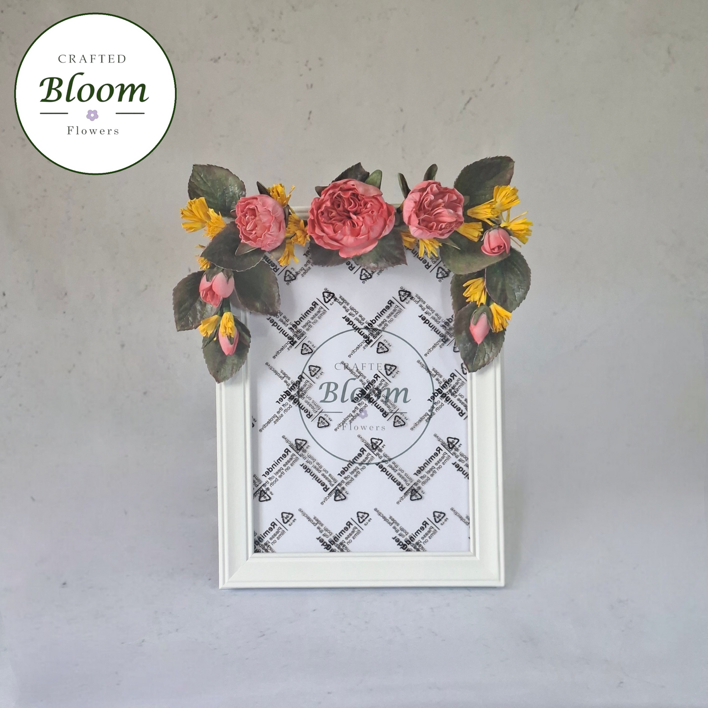 Pink peony rose foamiran photo frame on white shelf, Cottagecore style