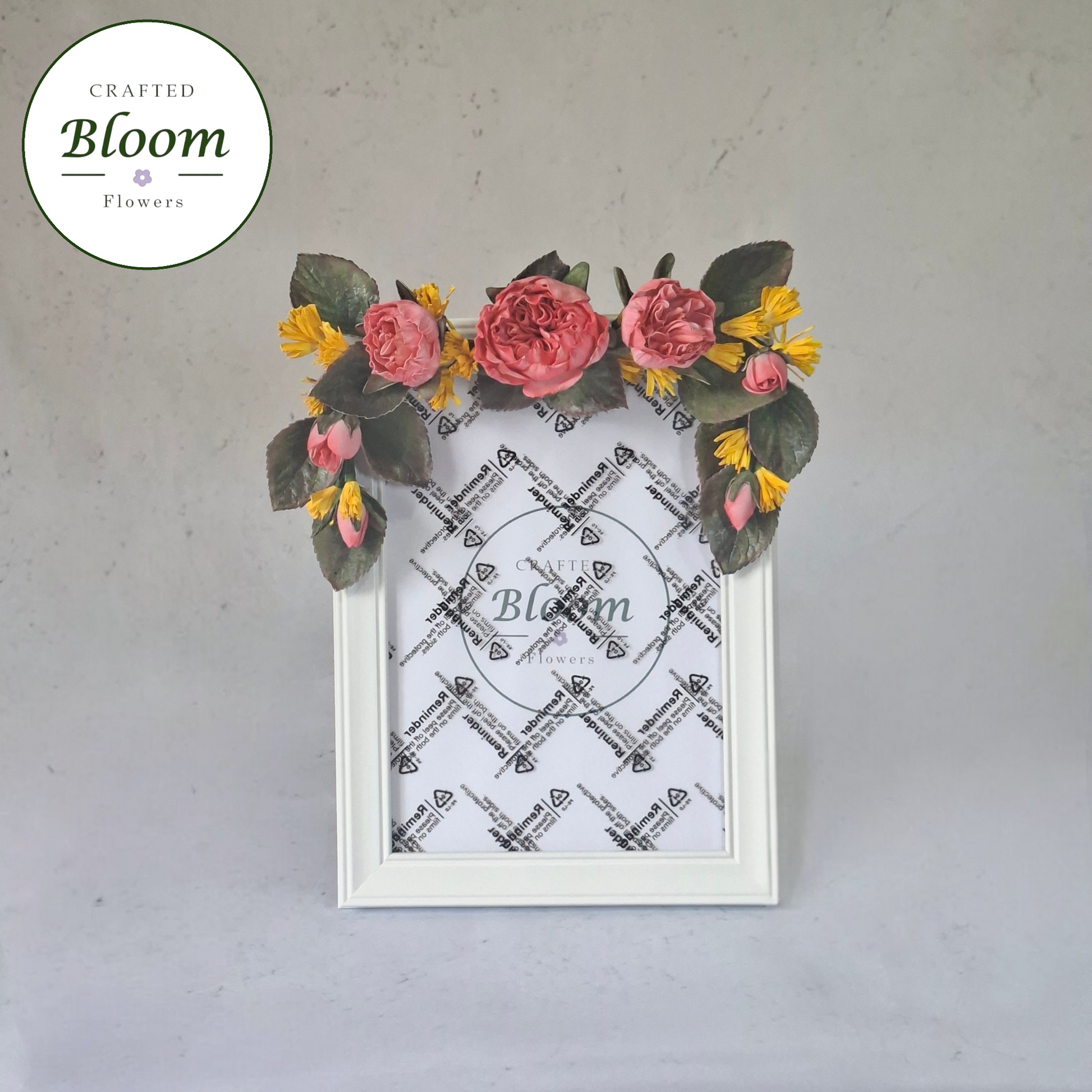 Pink peony rose foamiran photo frame on white shelf, Cottagecore style