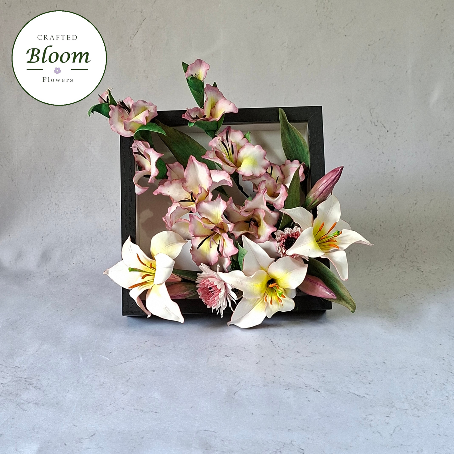 handmade gladiolus and lilium regale foam flower frame by Crafted Bloom Flowers, luxury pink an white floral top table decor for elegant home decoration