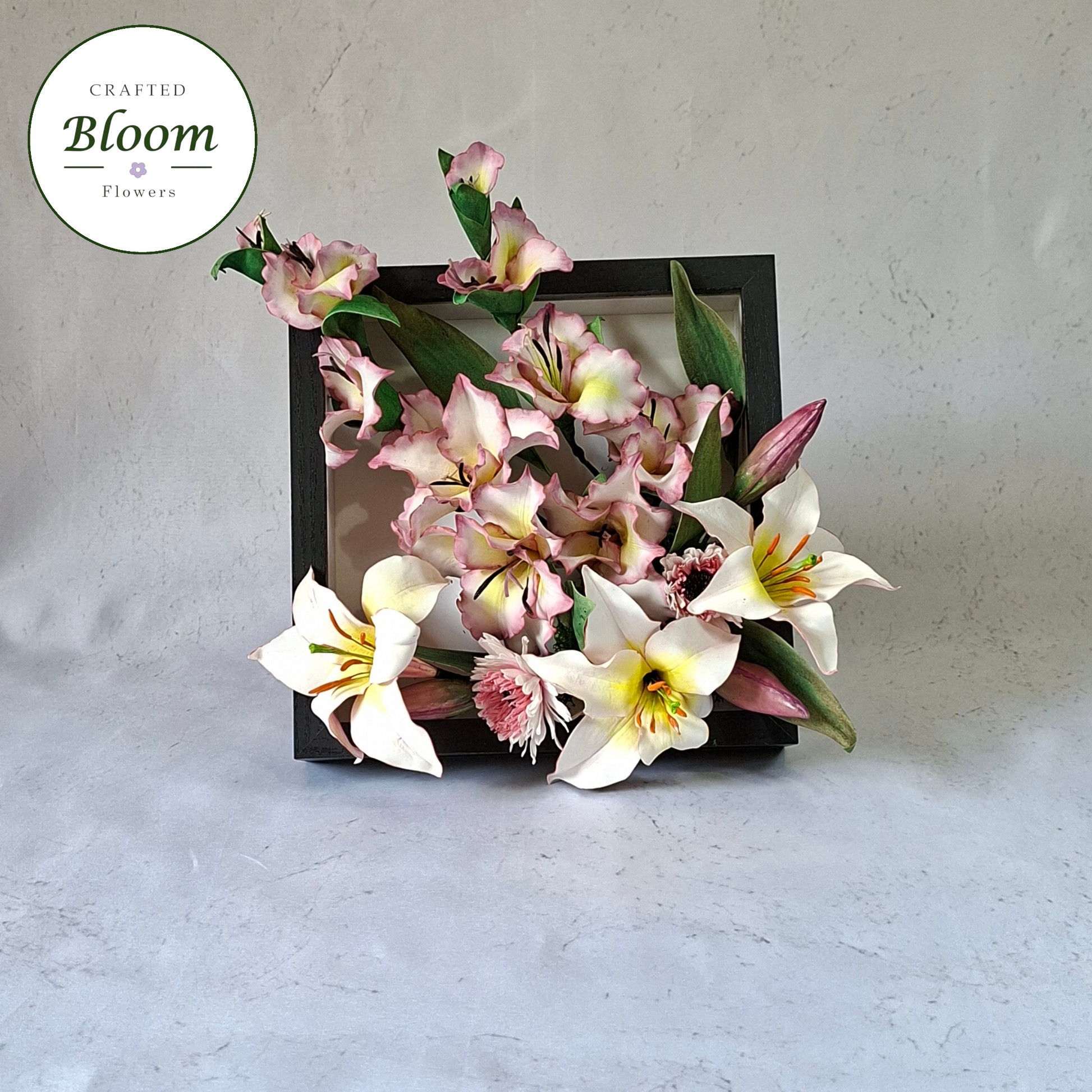 handmade gladiolus and lilium regale foam flower frame by Crafted Bloom Flowers, luxury pink an white floral top table decor for elegant home decoration