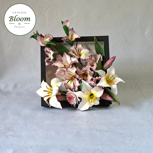 handmade gladiolus and lilium regale foam flower frame by Crafted Bloom Flowers, luxury pink an white floral top table decor for elegant home decoration