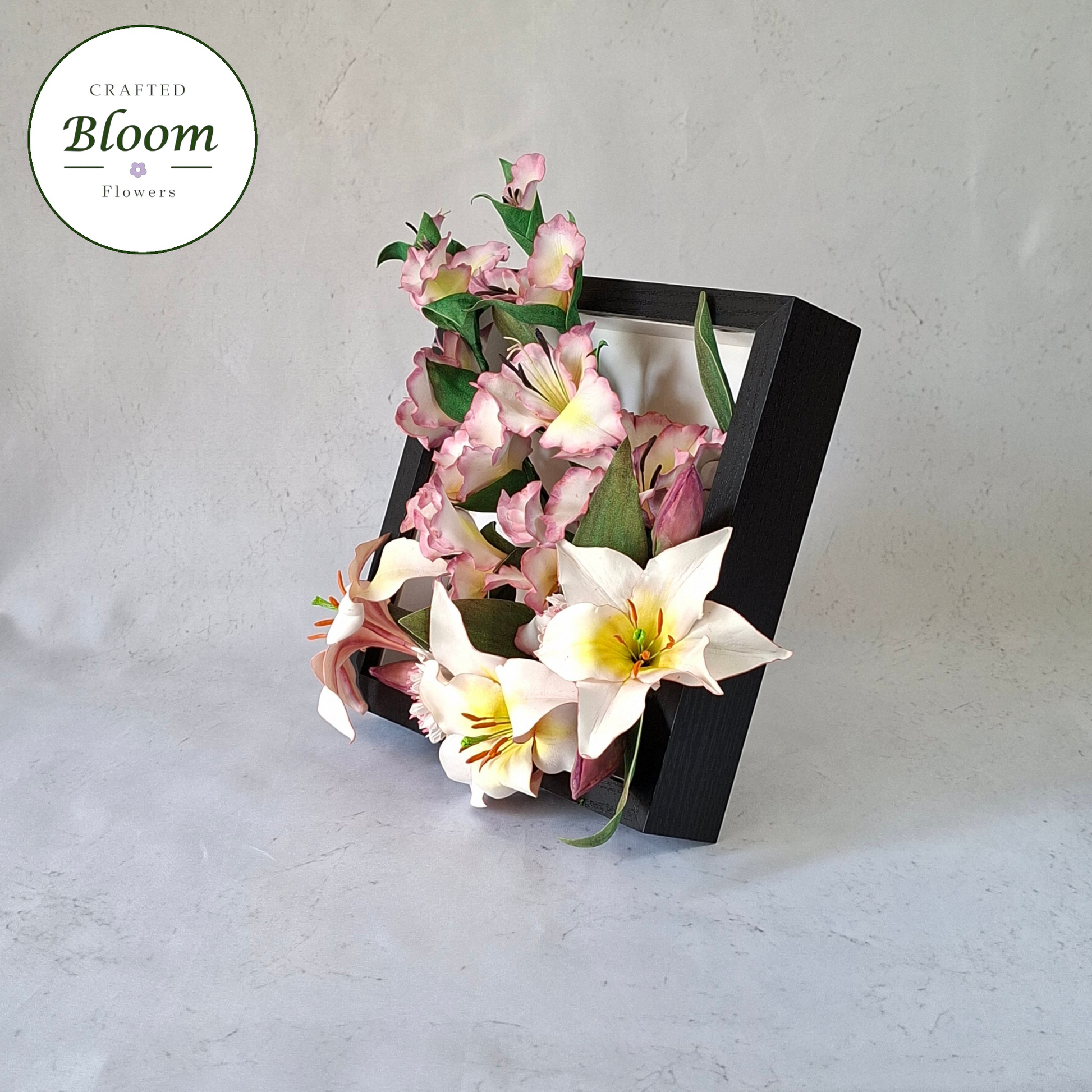 handmade gladiolus and lilium regale, floral shadow box, luxury pink and white flowers, perfect for elegant home decoration and meaningful gift.