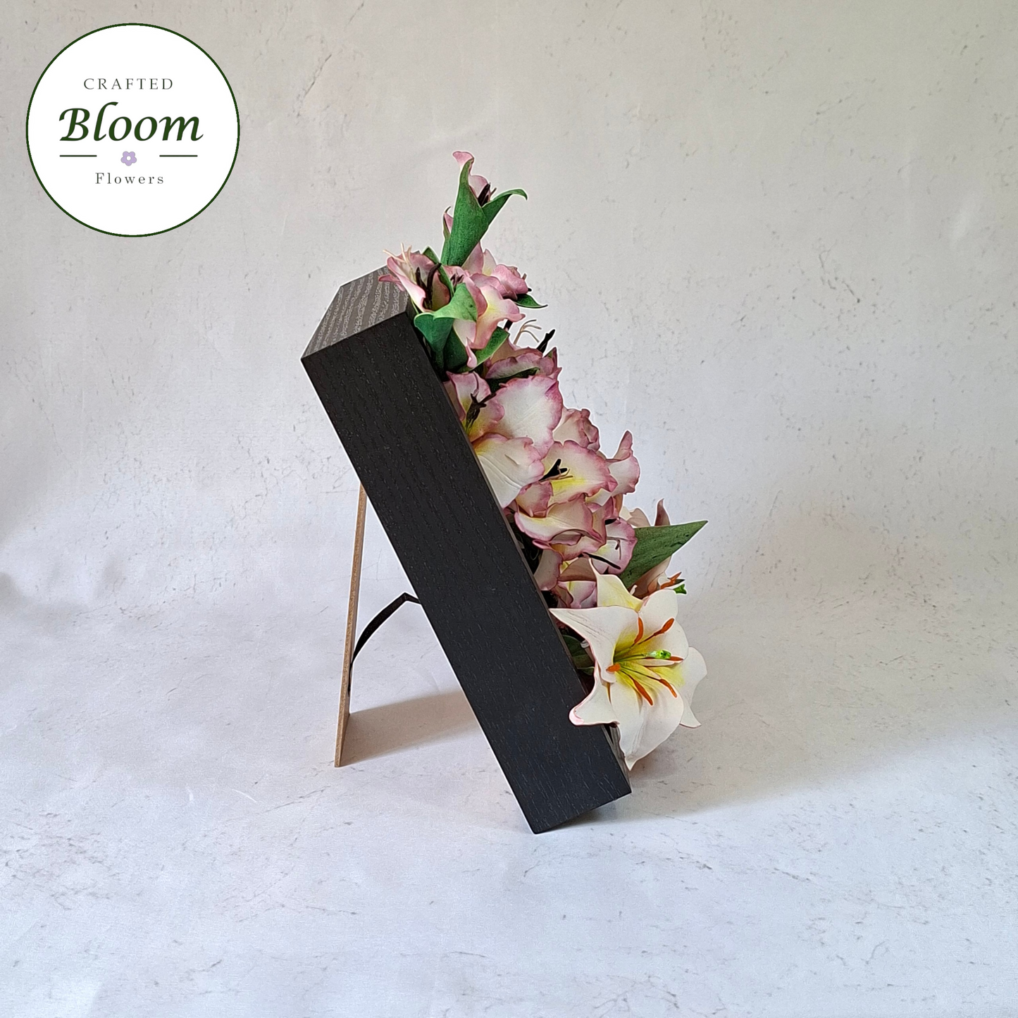 handmade gladiolus and lilium regale foam flower frame by Crafted bloom Flowers, luxury pink and white floral top table decor for elegant home decoration