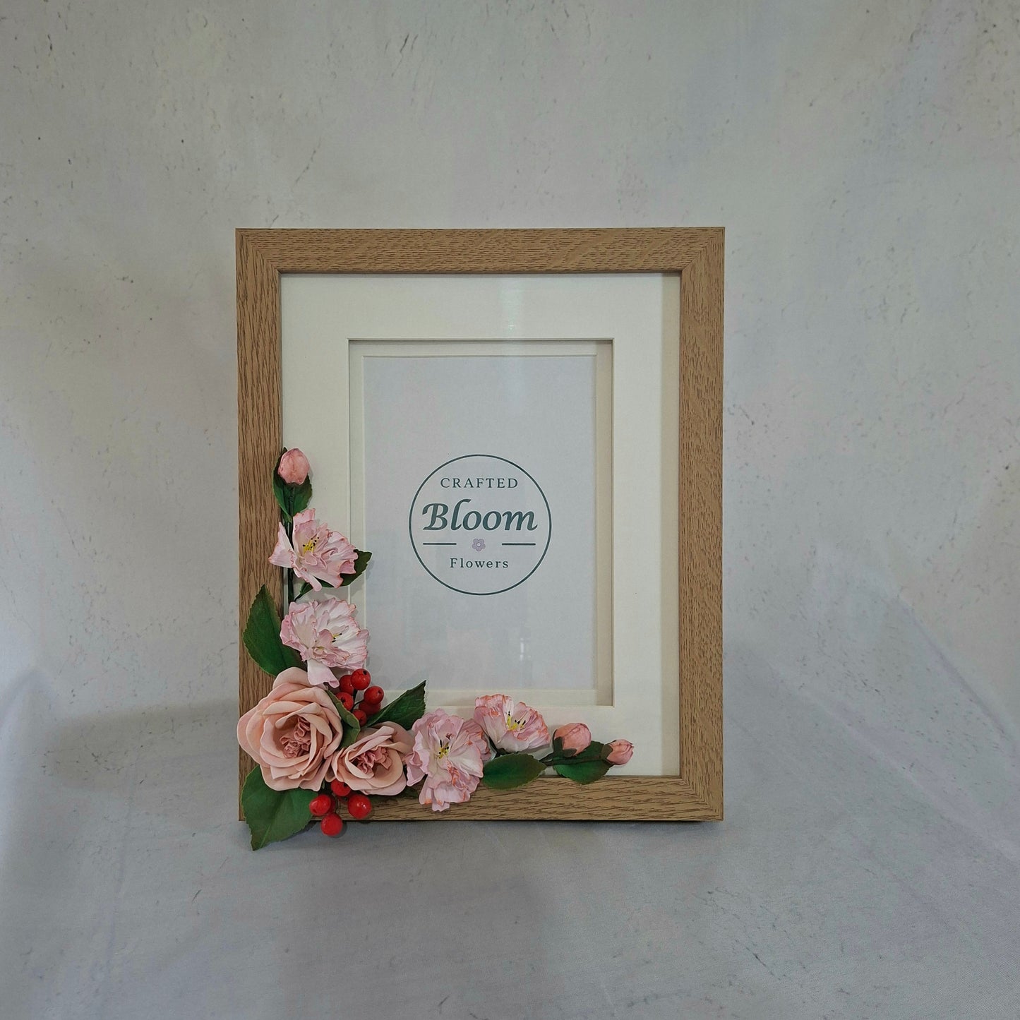 Handmade Pink Rose Floral Photo Beige Frame-Elegant Table & Wall Frame Gift for Home Decor