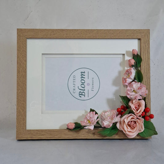 Handmade Pink Rose Floral Photo Beige Frame-Elegant Table & Wall Frame Gift for Home Decor