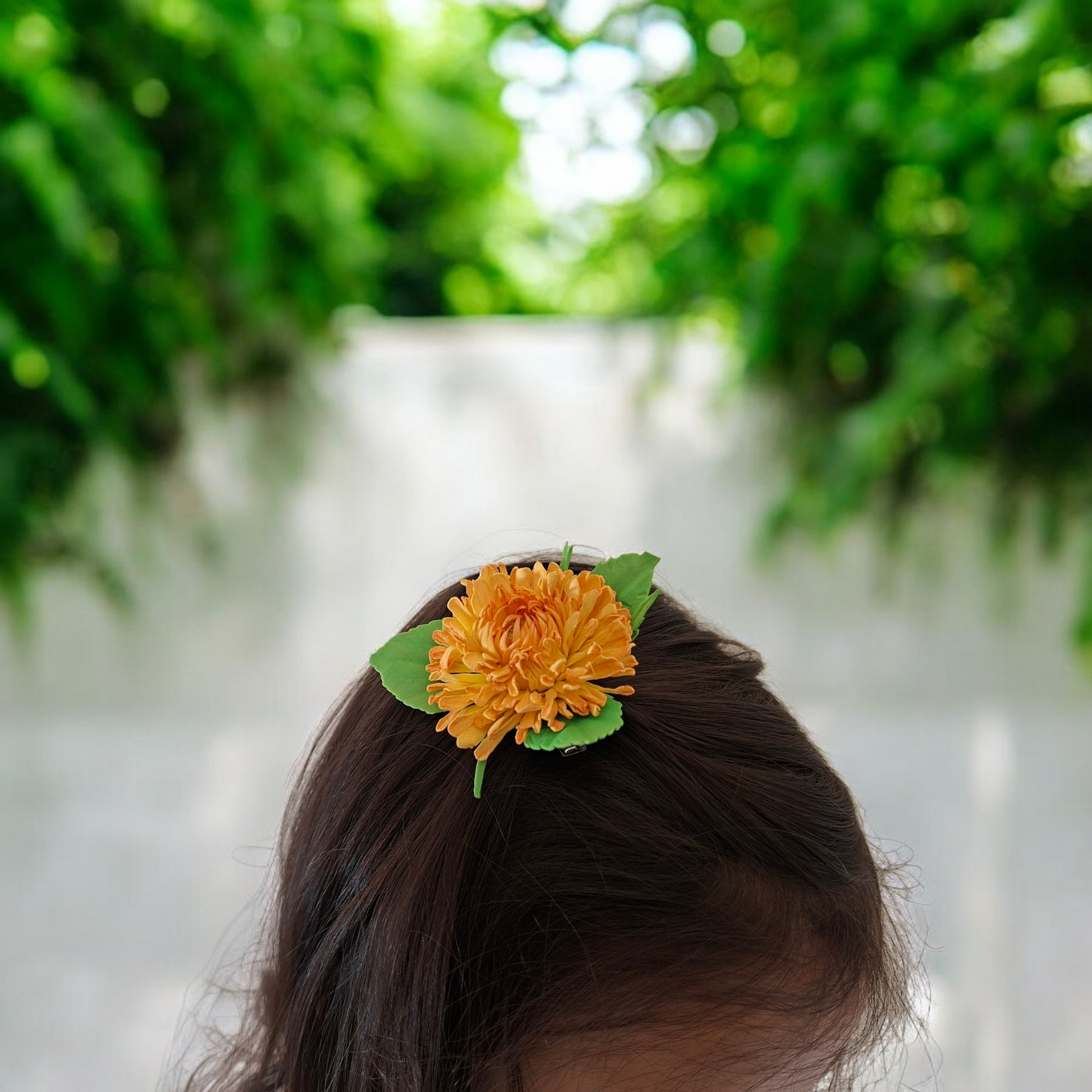 handmade chrysanthemum foamiran hair clip with green leaves and secure metal clip elegant floral hair accessory for women and girls