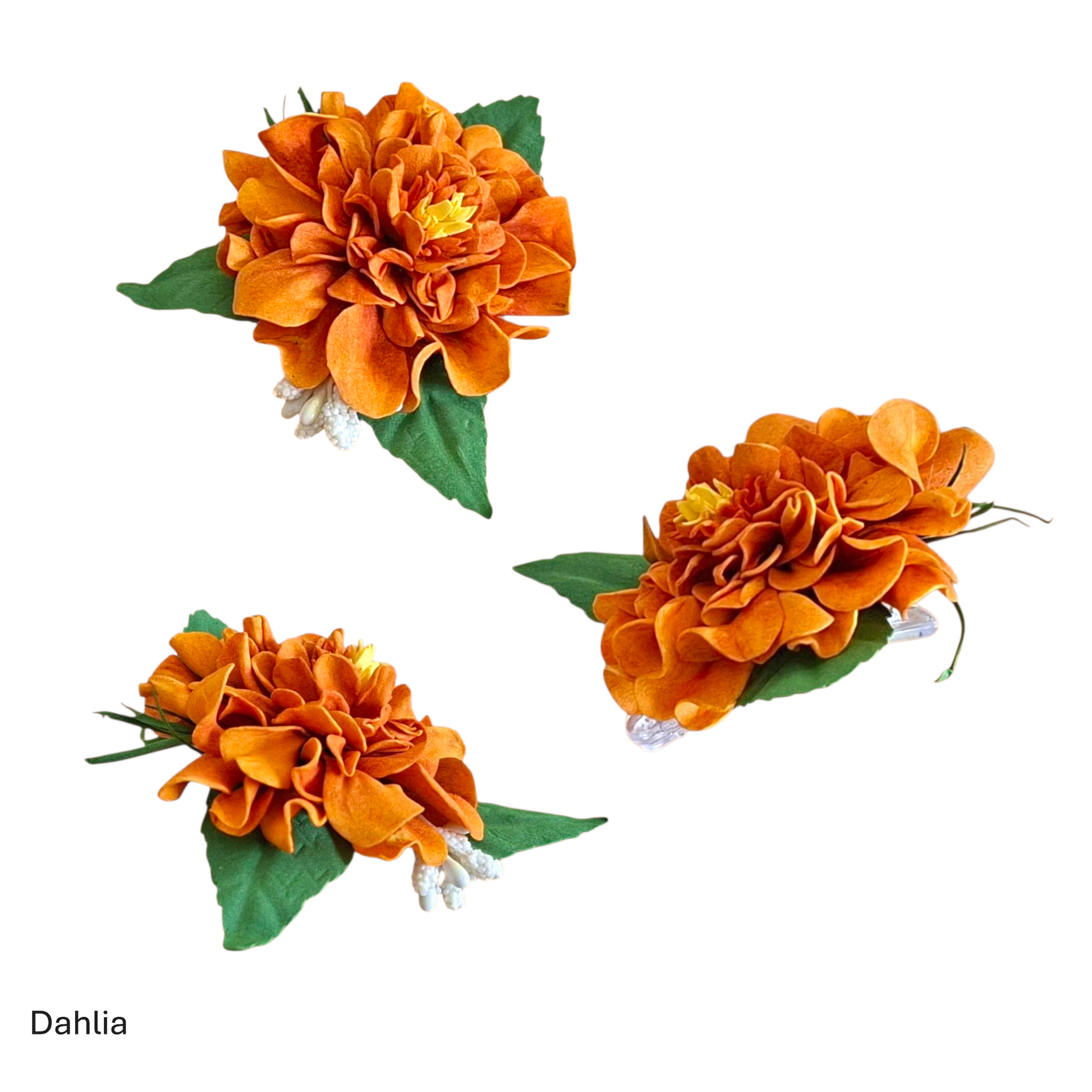 handmade dahlia foamiran hair clip with green laves and secure metal clip elegant floral hair accessory for women and girls
