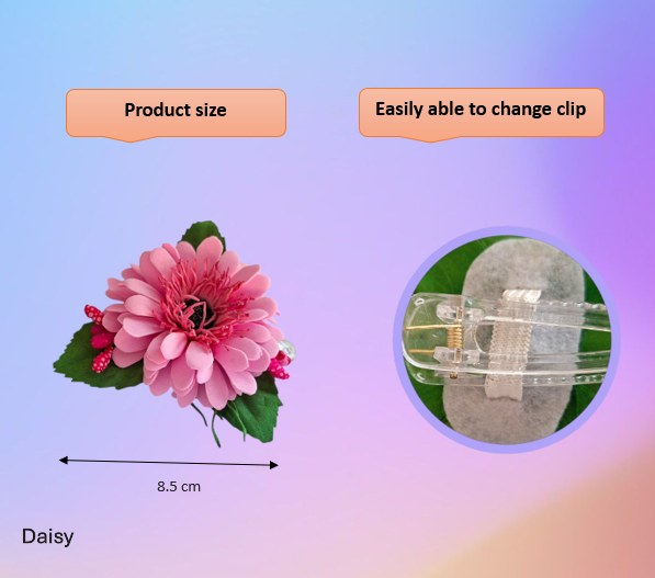 handmade pink daisy foamiran hair clip with green leaves and secure metal clip elegant floral hair accessory for women and girls