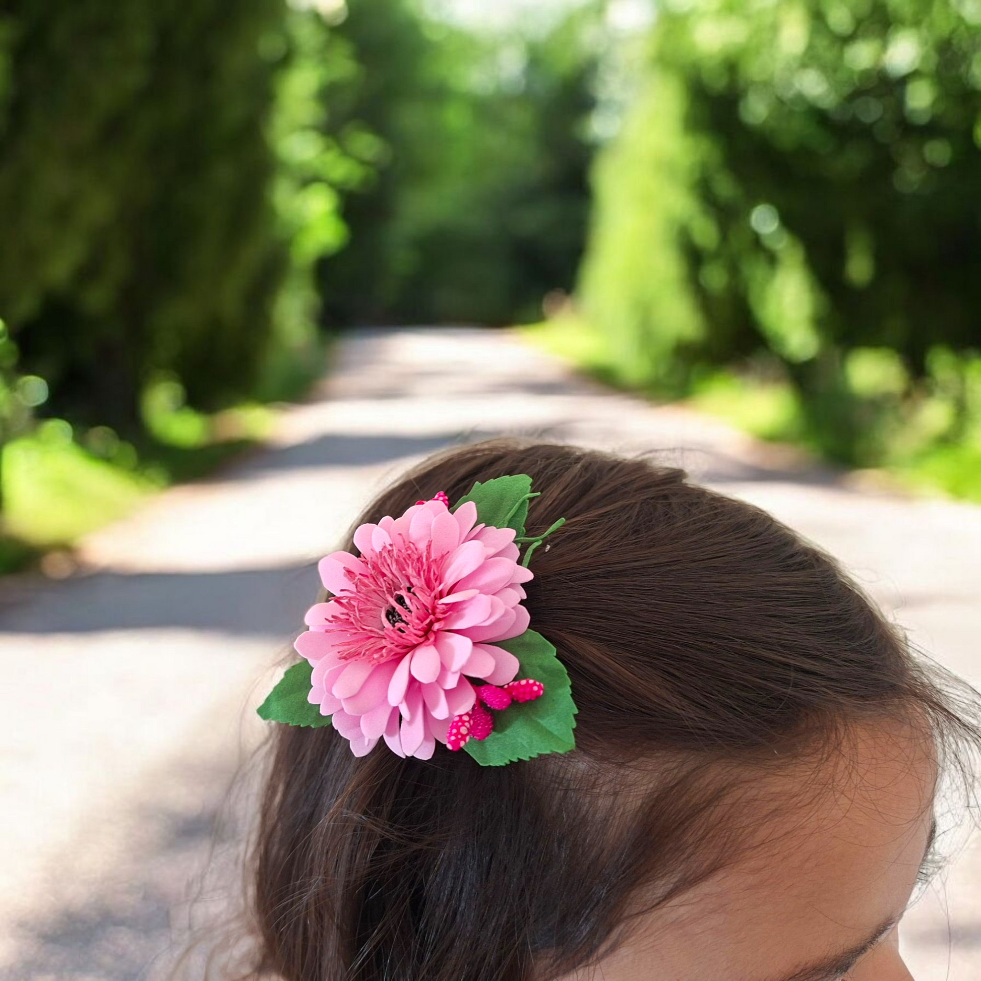 handmade pink daisy foamiran hair clip with green leaves and secure metal clip elegant floral hair accessory for women and girls