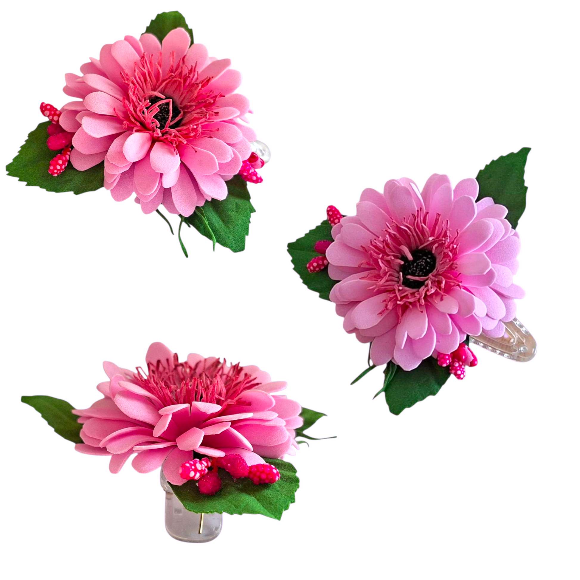 handmade pink daisy foamiran hair clip with green leaves and secure metal clip elegant floral hair accessory for women and girls