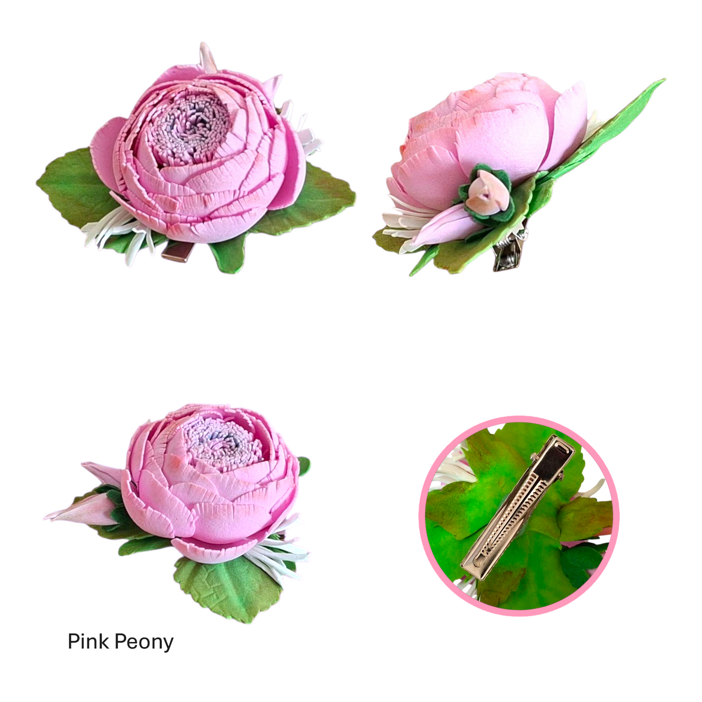 handmade pink peony foamiran hair clip with green leaves and secure metal clip elegant floral hair accessory for women and girls