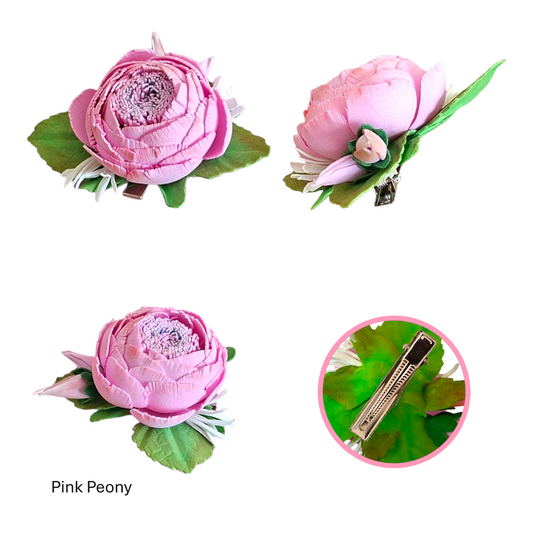 handmade pink peony foamiran hair clip with green leaves and secure metal clip elegant floral hair accessory for women and girls