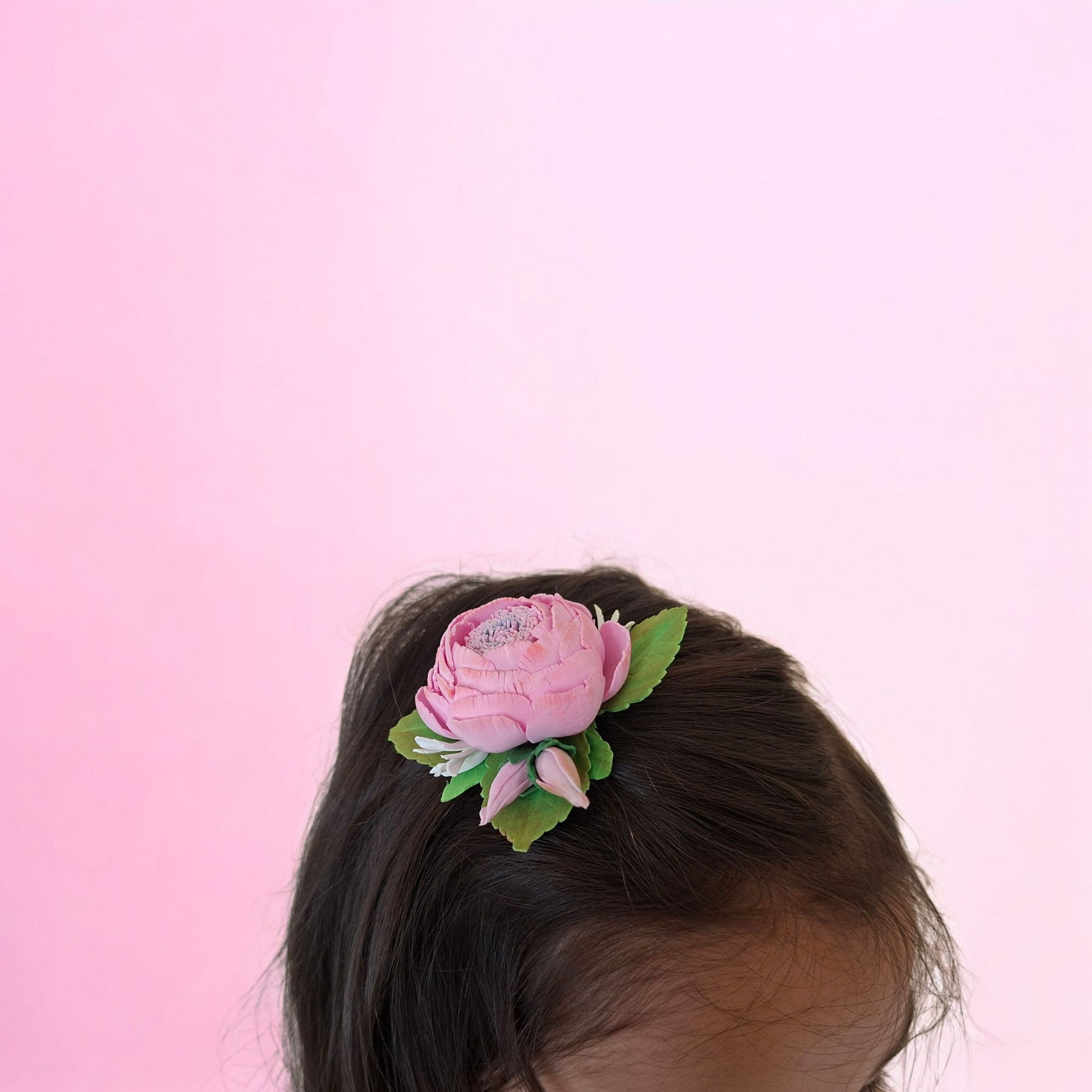 handmade pink peony foamiran hair clip with green leaves and secure metal clip elegant floral hair accessory for women and girls