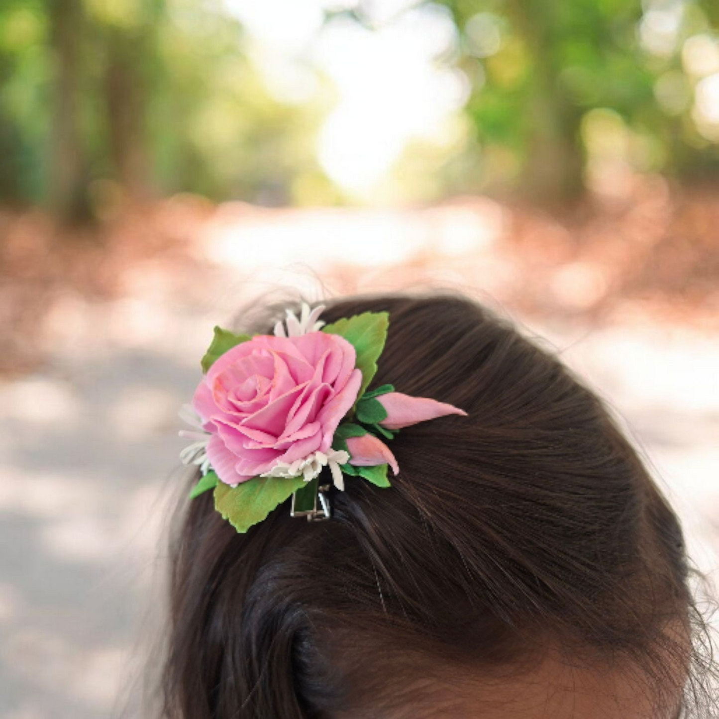 handmade pink rose foamiran hair clip with green leaves and secure metal clip elegant floral hair accessory for women and girls