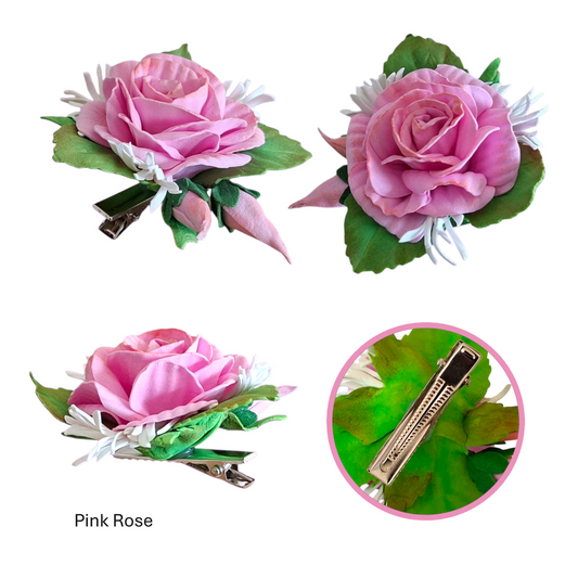 handmade pink rose foamiran hair clip with green leaves and secure metal clip elegant floral hair accessory for women and girls