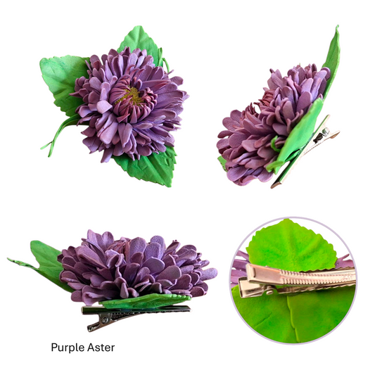 handmade purple aster foamiran hair clip with green laves and secure metal clip elegant floral hair accessory for women and girls