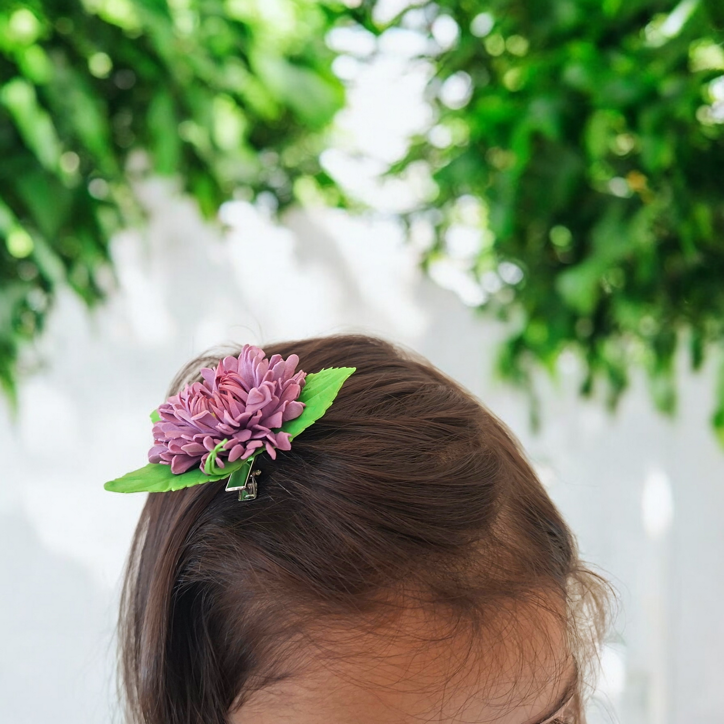 handmade purple aster foamiran hair clip with green laves and secure metal clip elegant floral hair accessory for women and girls