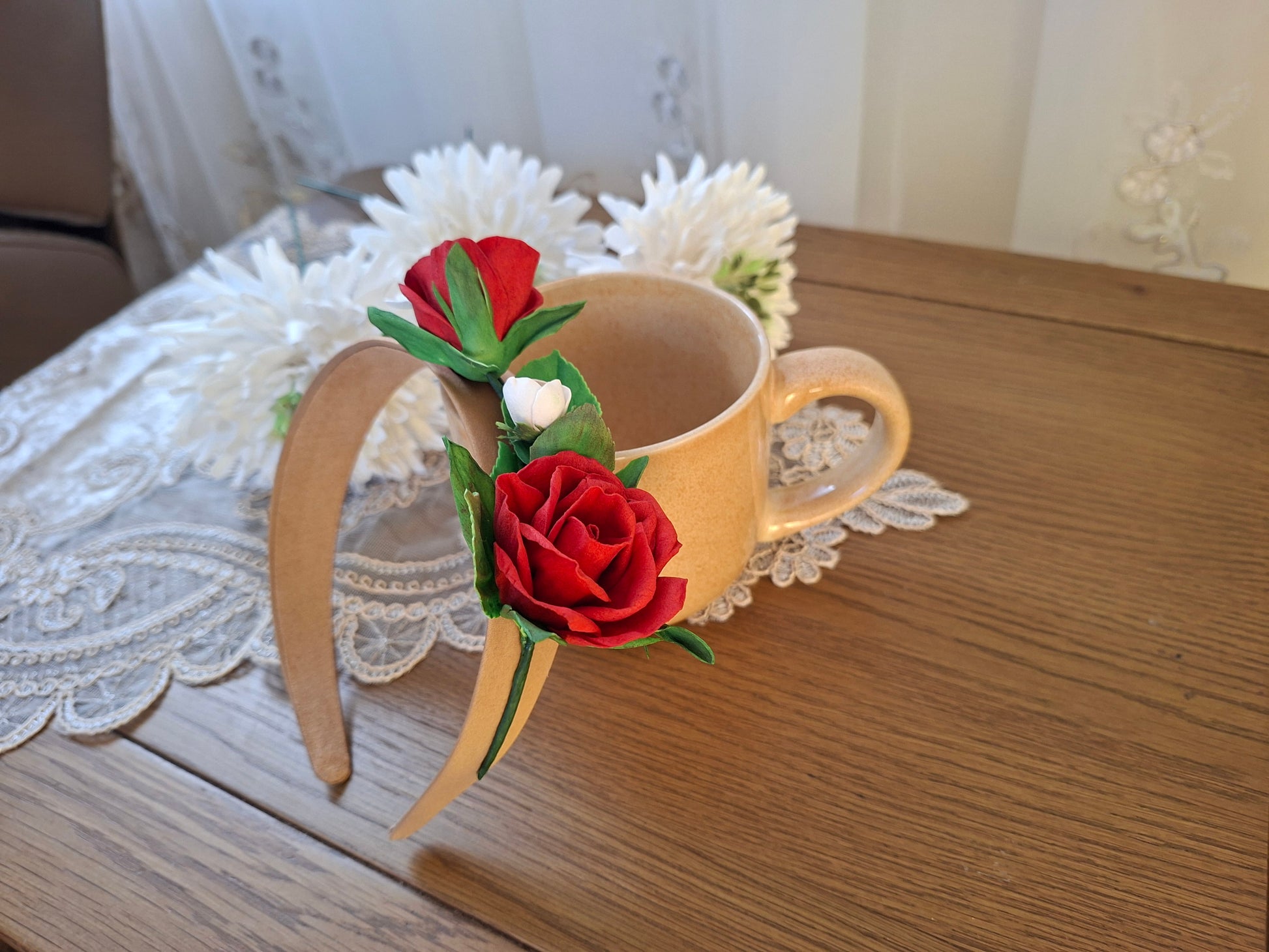 Floral headband with red roses and small flowers