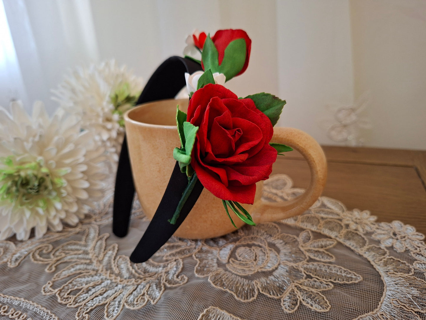 floral headband with red roses and small handmade flowers