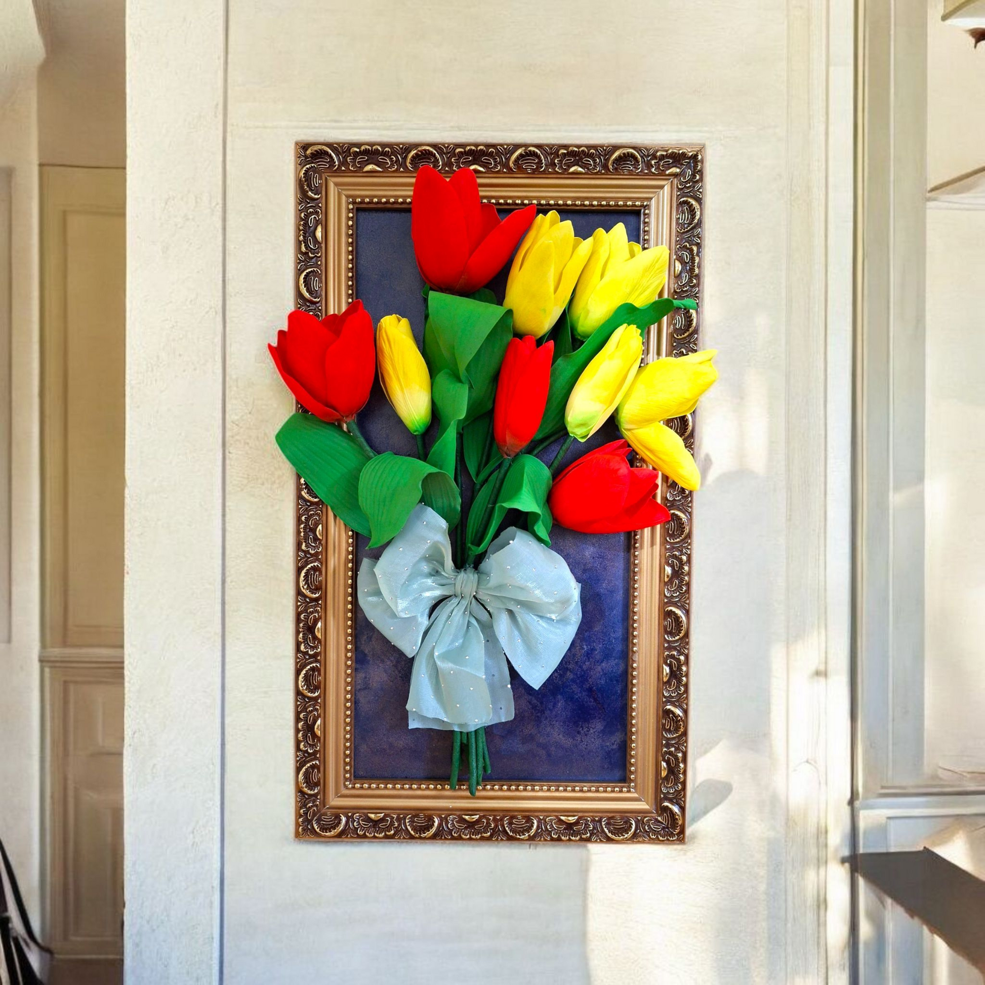 handmade Tulips floral wall frame in vintage golden frame-3D botanica wall decor