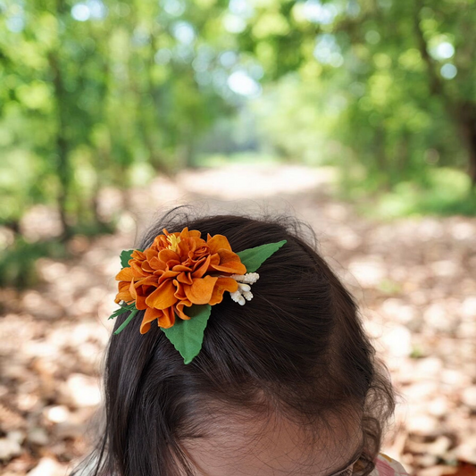 handmade dahlia foamiran hair clip with green laves and secure metal clip elegant floral hair accessory for women and girls