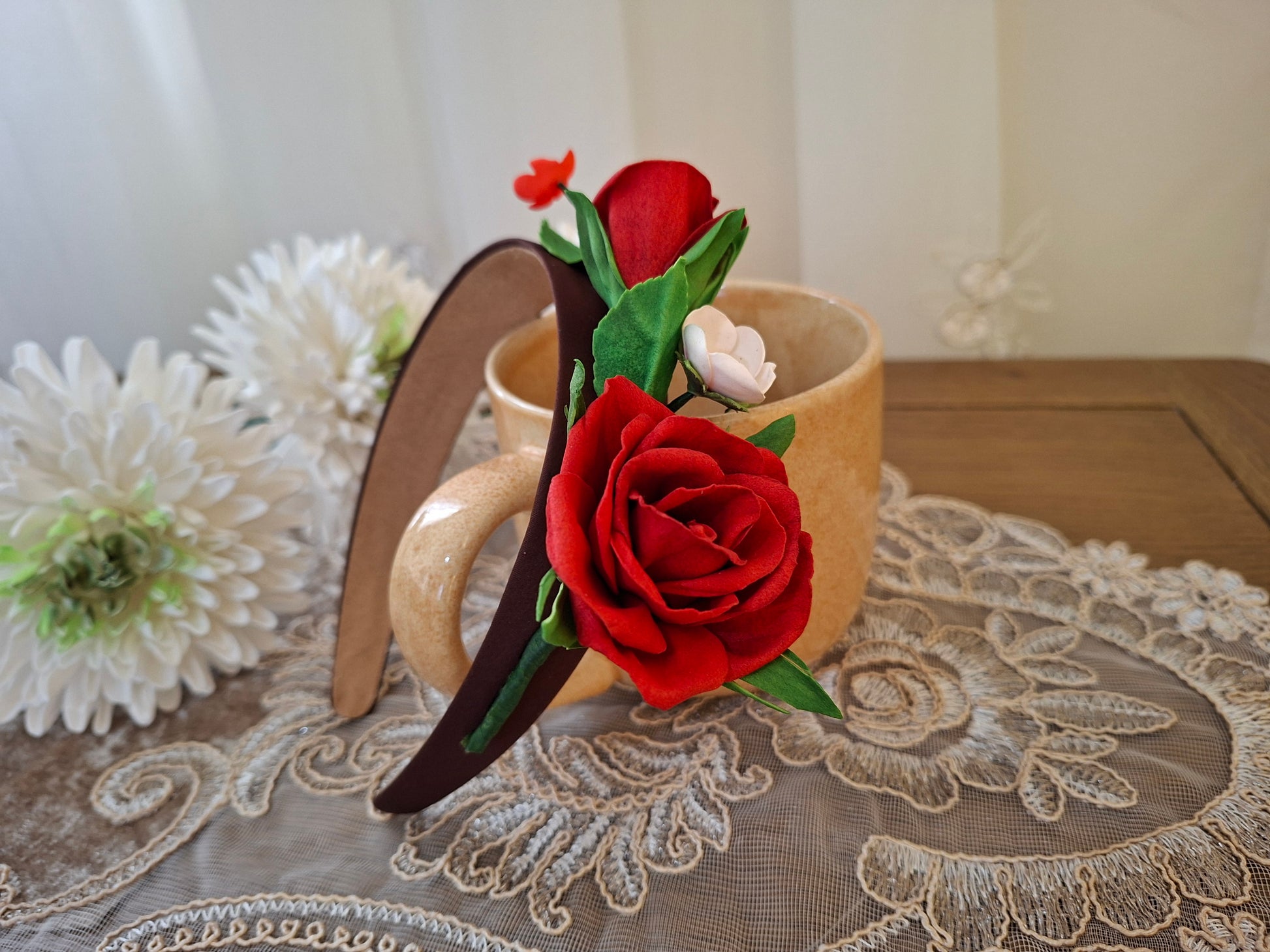 handmade foamiran floral headband for women and girls with rad rose flowers lightweight elegant hair accessory