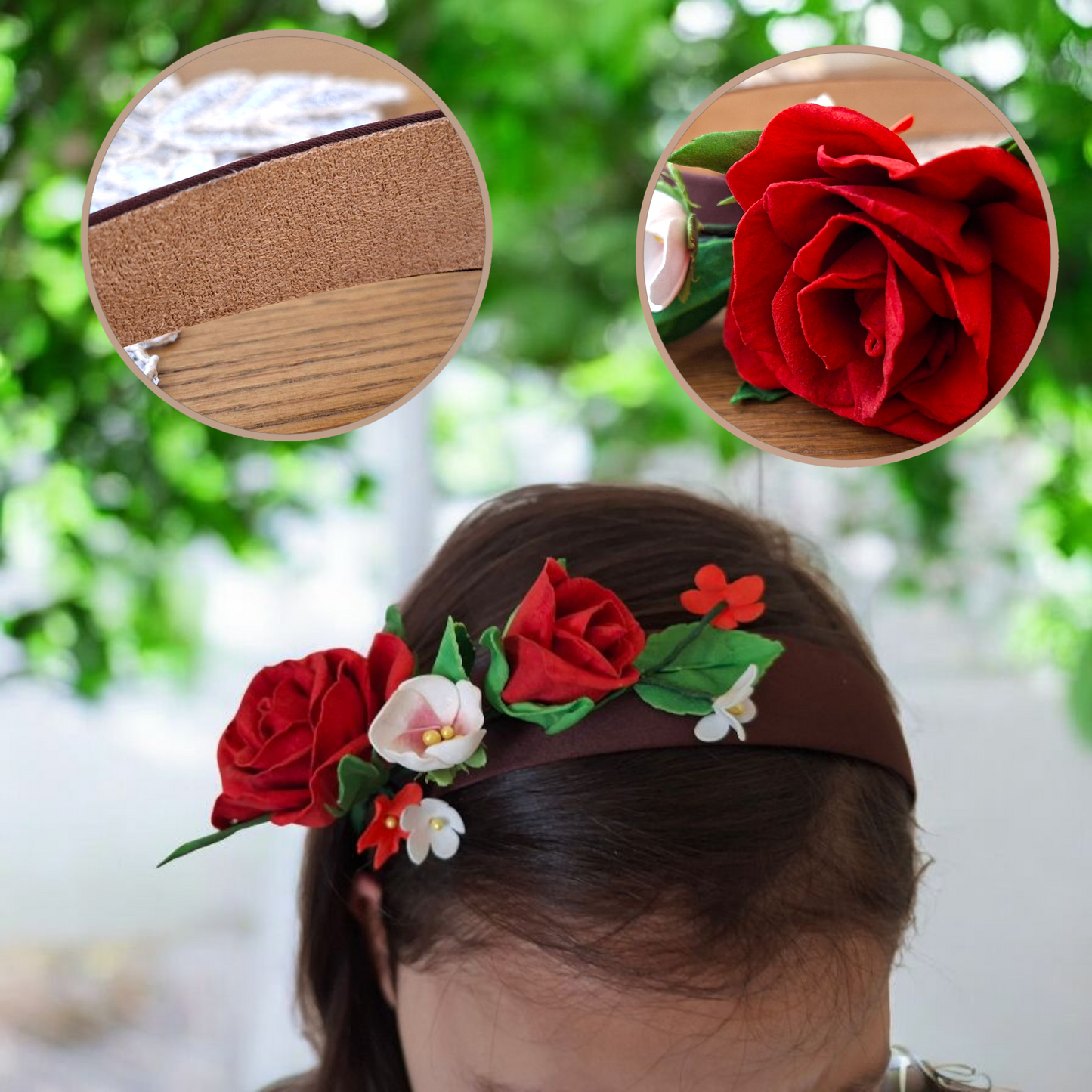 handmade foamiran flower floral headband for women and girls with red rose flowers lightweight elegant hair accessory