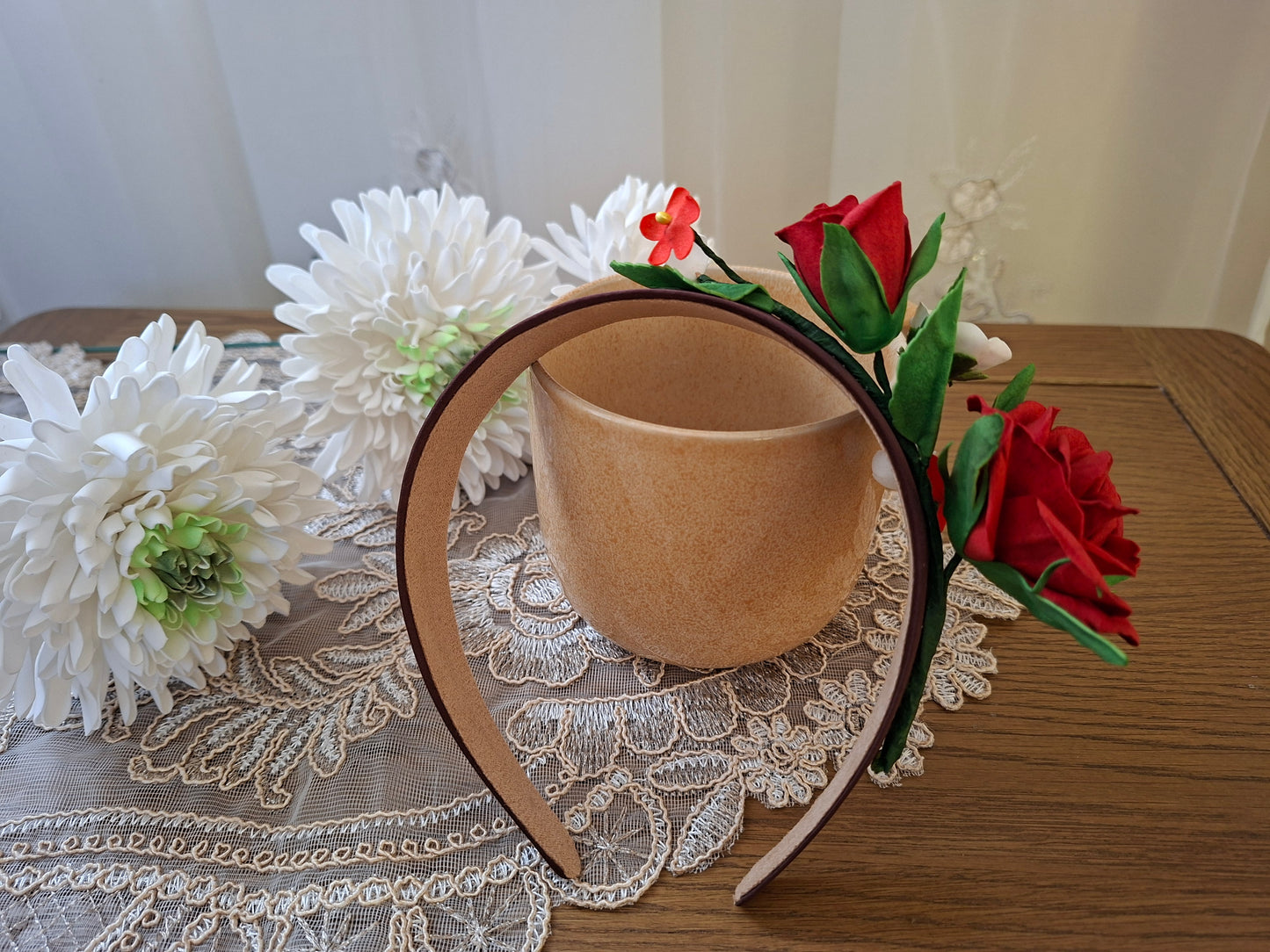 handmade foamiran flower floral headband for women and girls with red rose flowers lightweight elegant hair accessory