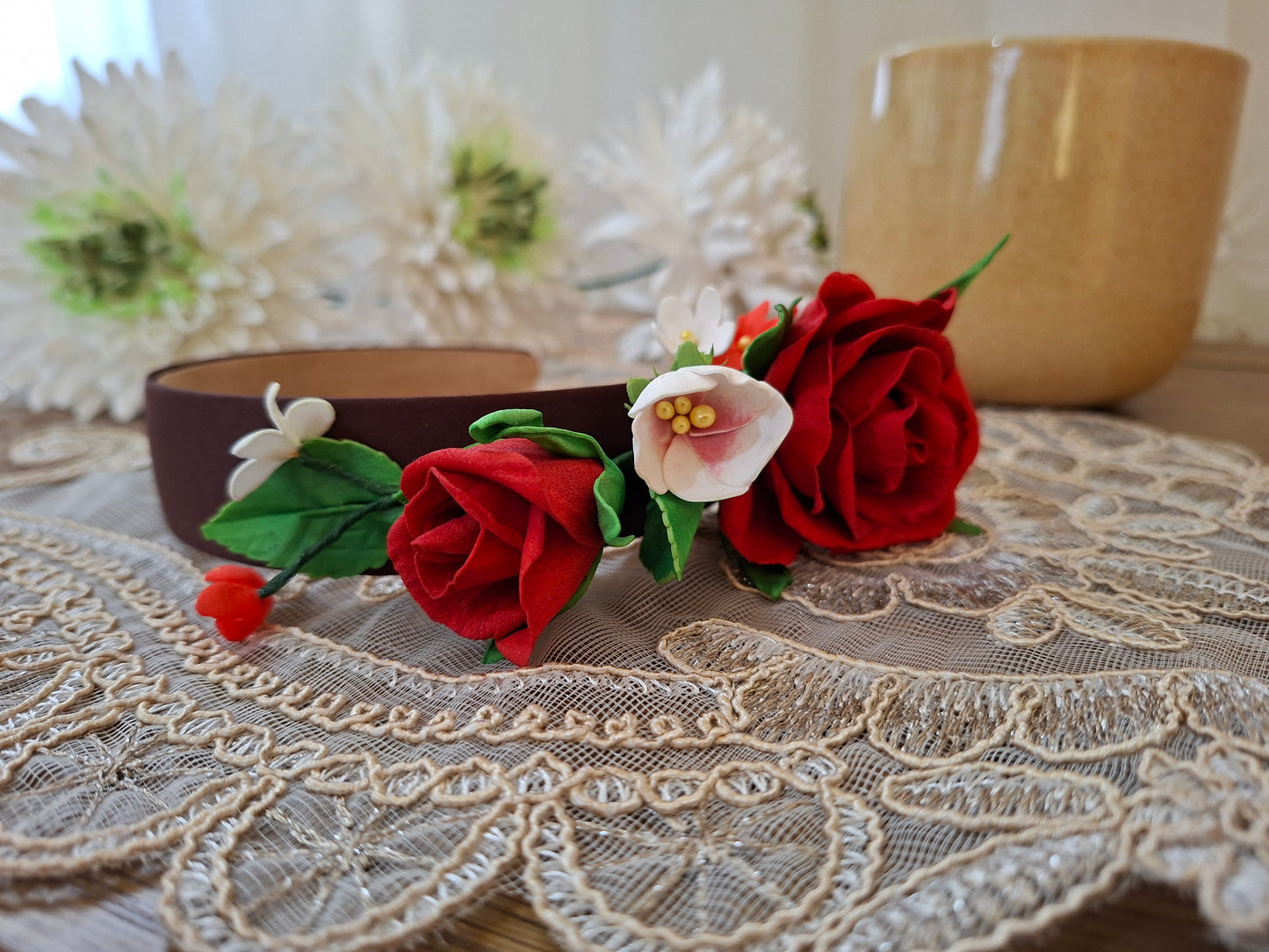 handmade foamiran flower floral headband for women and girls with red rose flowers lightweight elegant hair accessory