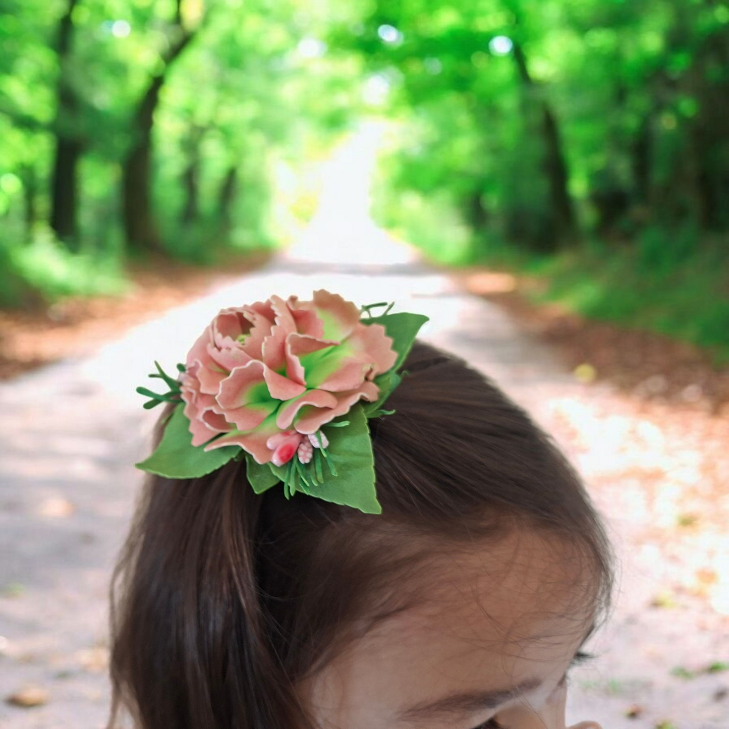 handmade peach peony foamiran hair clip with green leaves secure replaceable clip floral hair accessory for women and girls