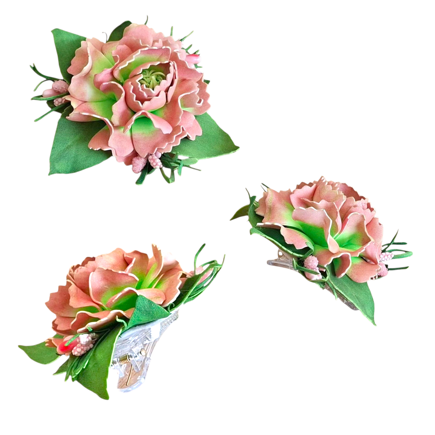 handmade peach peony foamiran hair clip with green leaves secure replaceable clip floral hair accessory for women and girls