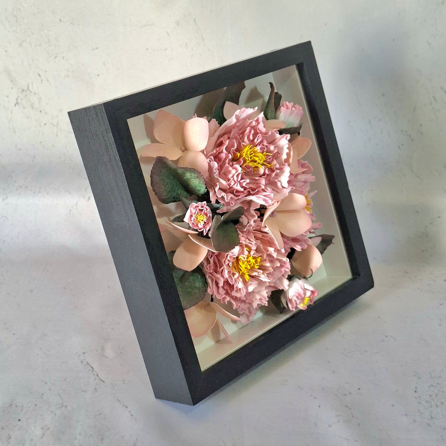 Handmade blush pink peony Foamiran flower table frame floral tabletop decor